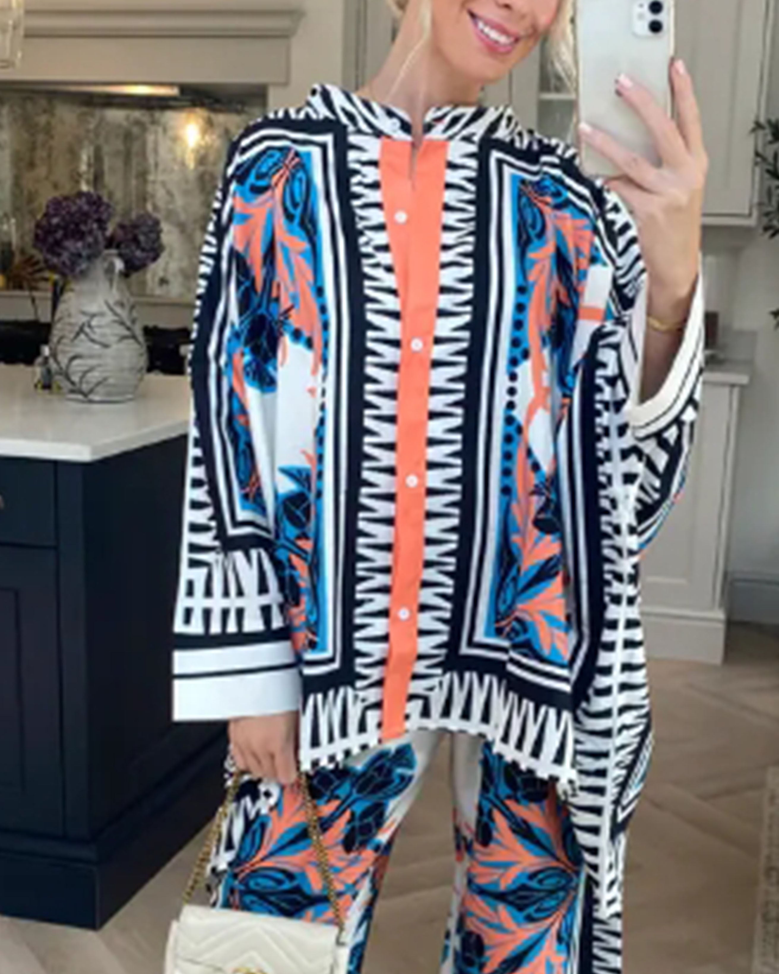 Olivia Row™ | Floral and Leaves Print Oversized shirt