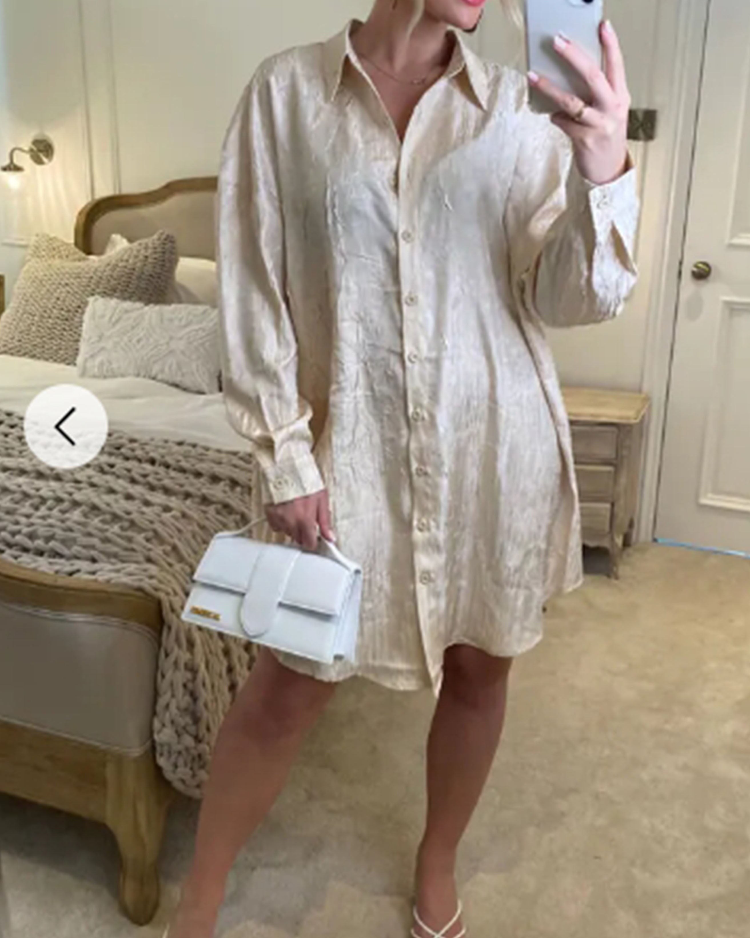 Olivia Row™ | Oversized long shirt dress in textured jacquard design fabric beige color