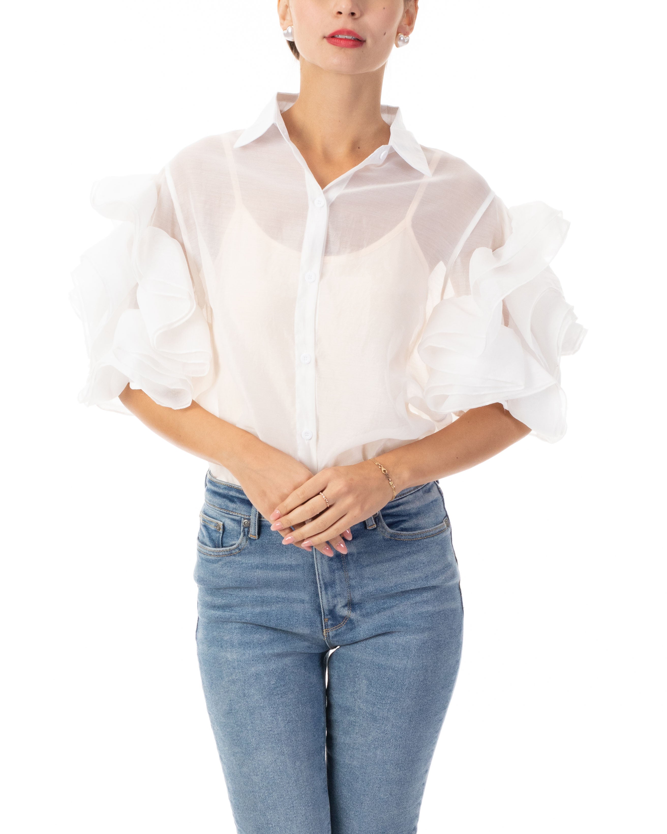 Olivia Row™ | Double Layered Ruffles statements sleeves shirt top in White