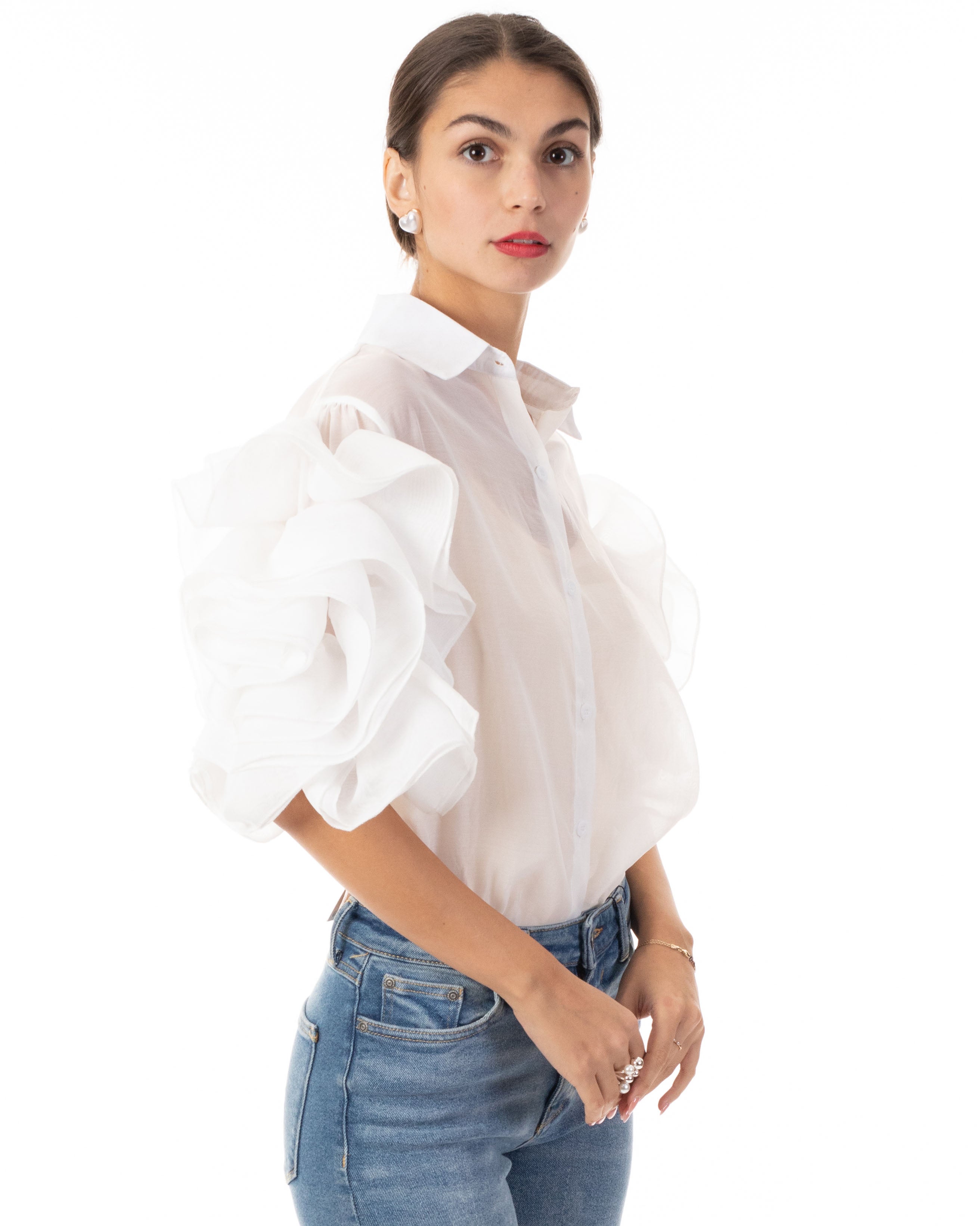 Olivia Row™ | Double Layered Ruffles statements sleeves shirt top in White