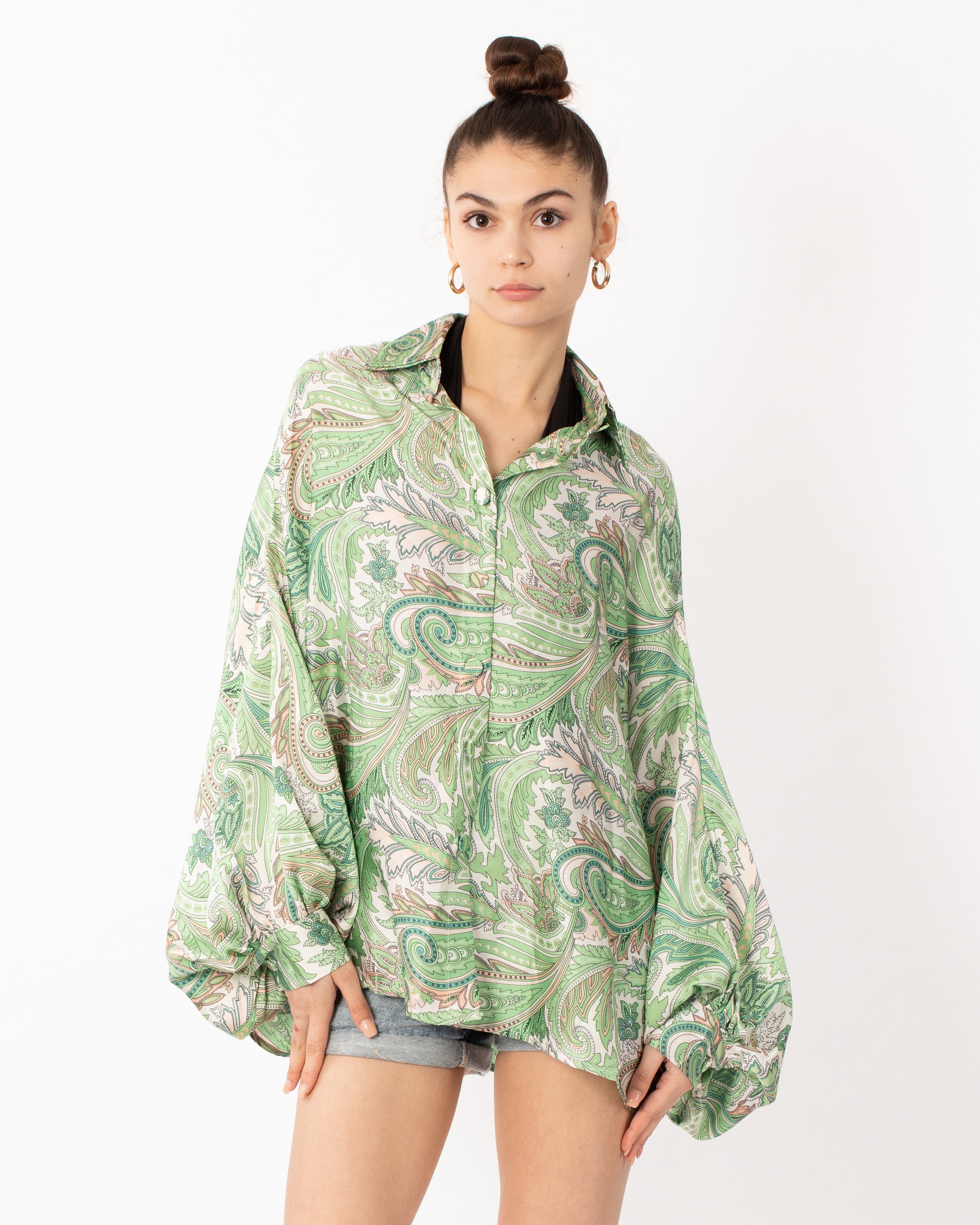 Olivia Row™ | Oversized Long Sleeve Shirt in Green Paisley Scarf print