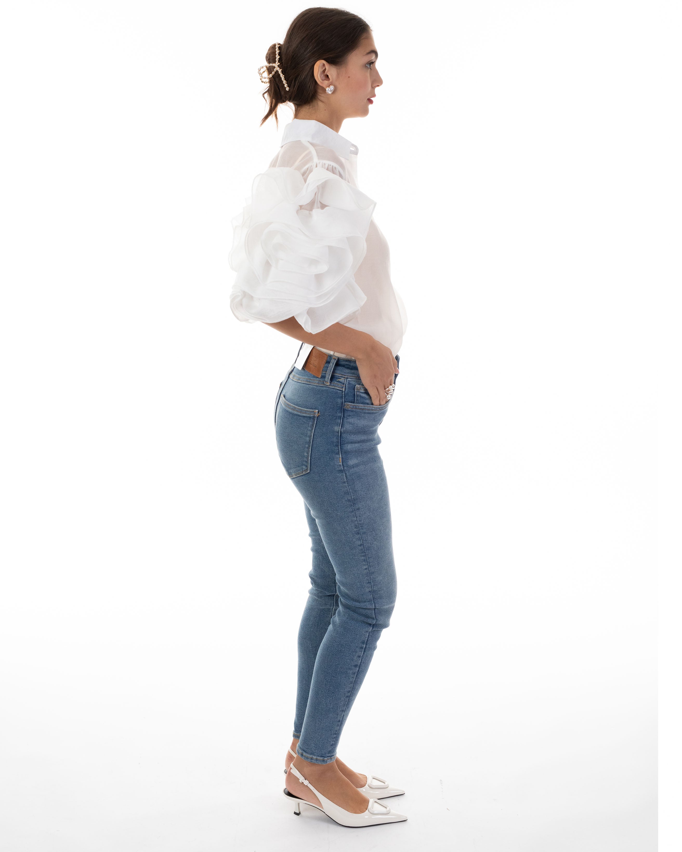 Olivia Row™ | Double Layered Ruffles statements sleeves shirt top in White