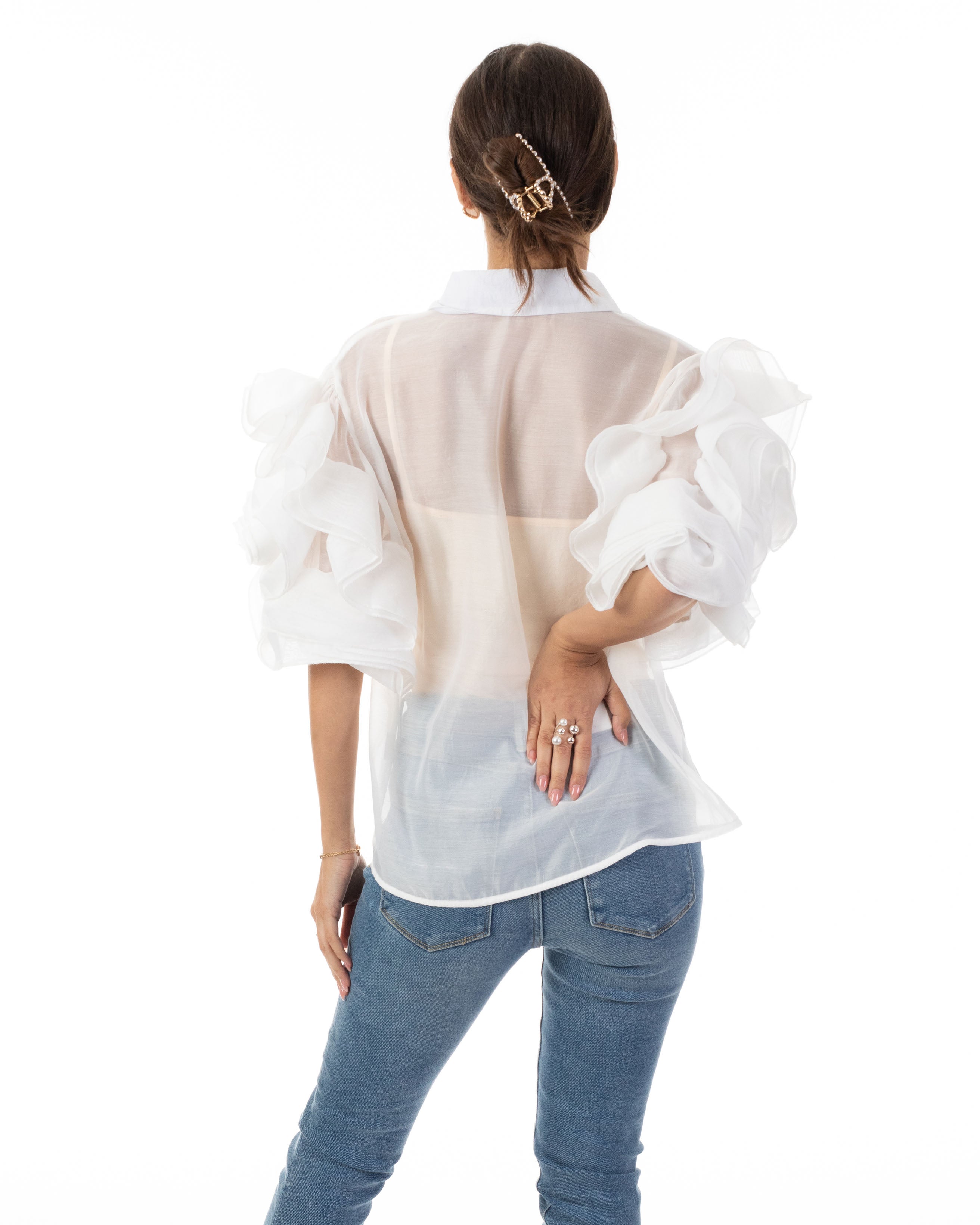 Olivia Row™ | Double Layered Ruffles statements sleeves shirt top in White