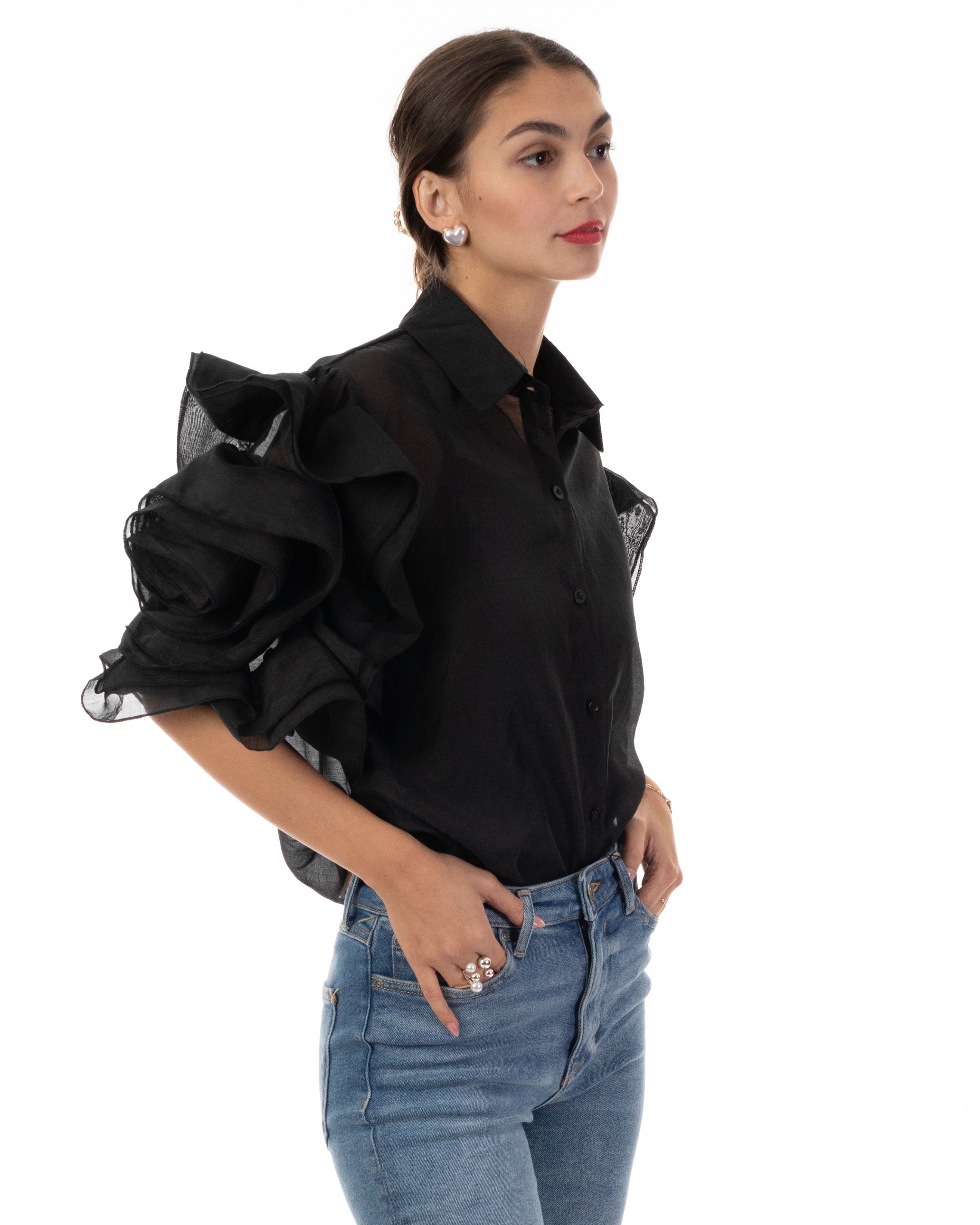 Olivia Row™ | Double Layered Ruffles statements sleeves shirt top in black