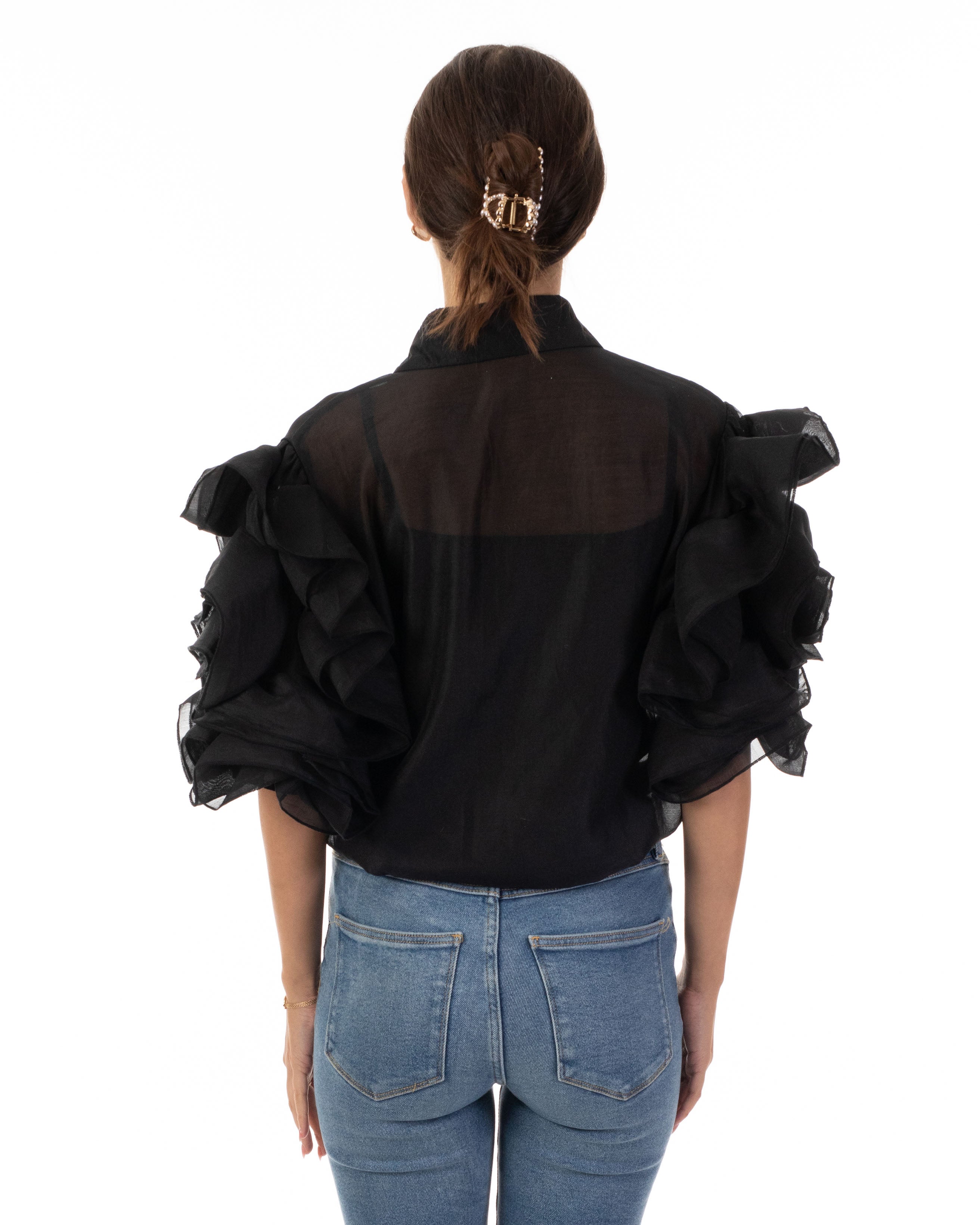 Olivia Row™ | Double Layered Ruffles statements sleeves shirt top in black