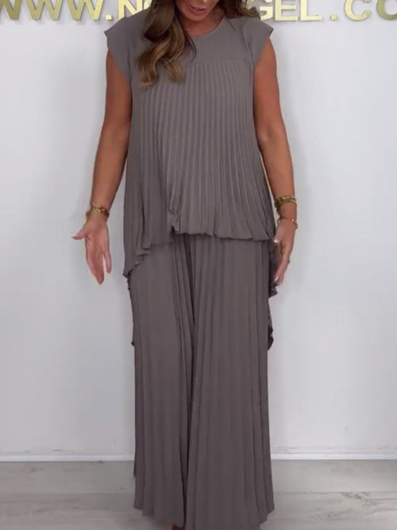 Laney Jumpsuit Pleated Midi Top and Elastic Wide Leg Pants Set