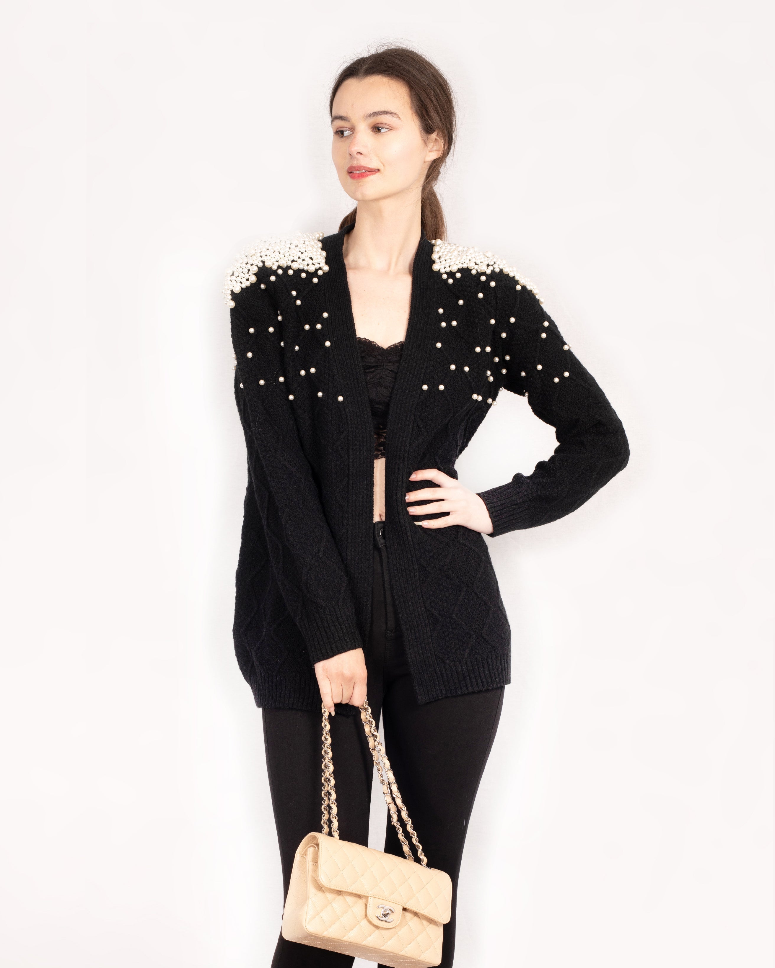 Olivia Row™ | Cardigan with pearl embellishment on shoulder in black