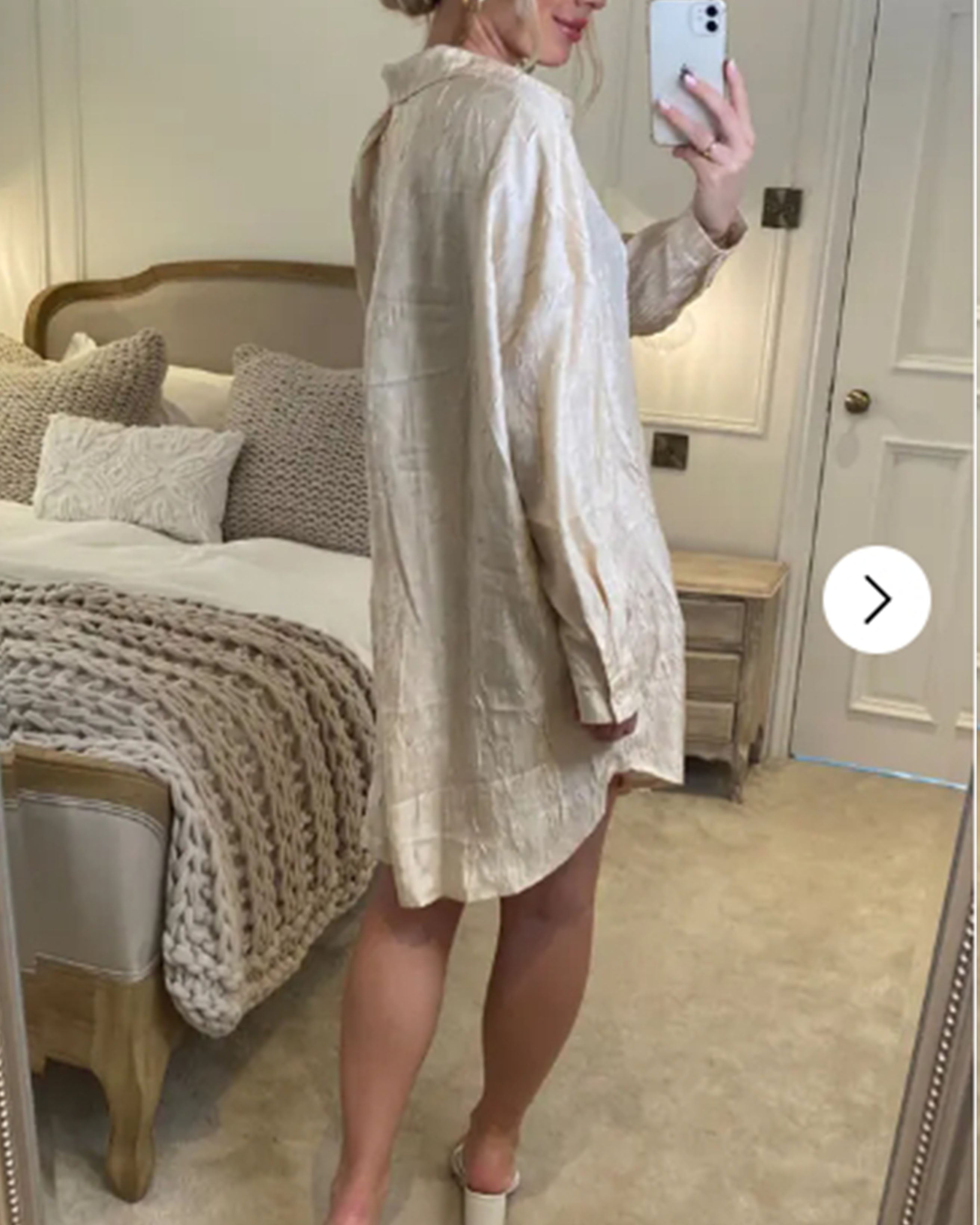 Olivia Row™ | Oversized long shirt dress in textured jacquard design fabric beige color