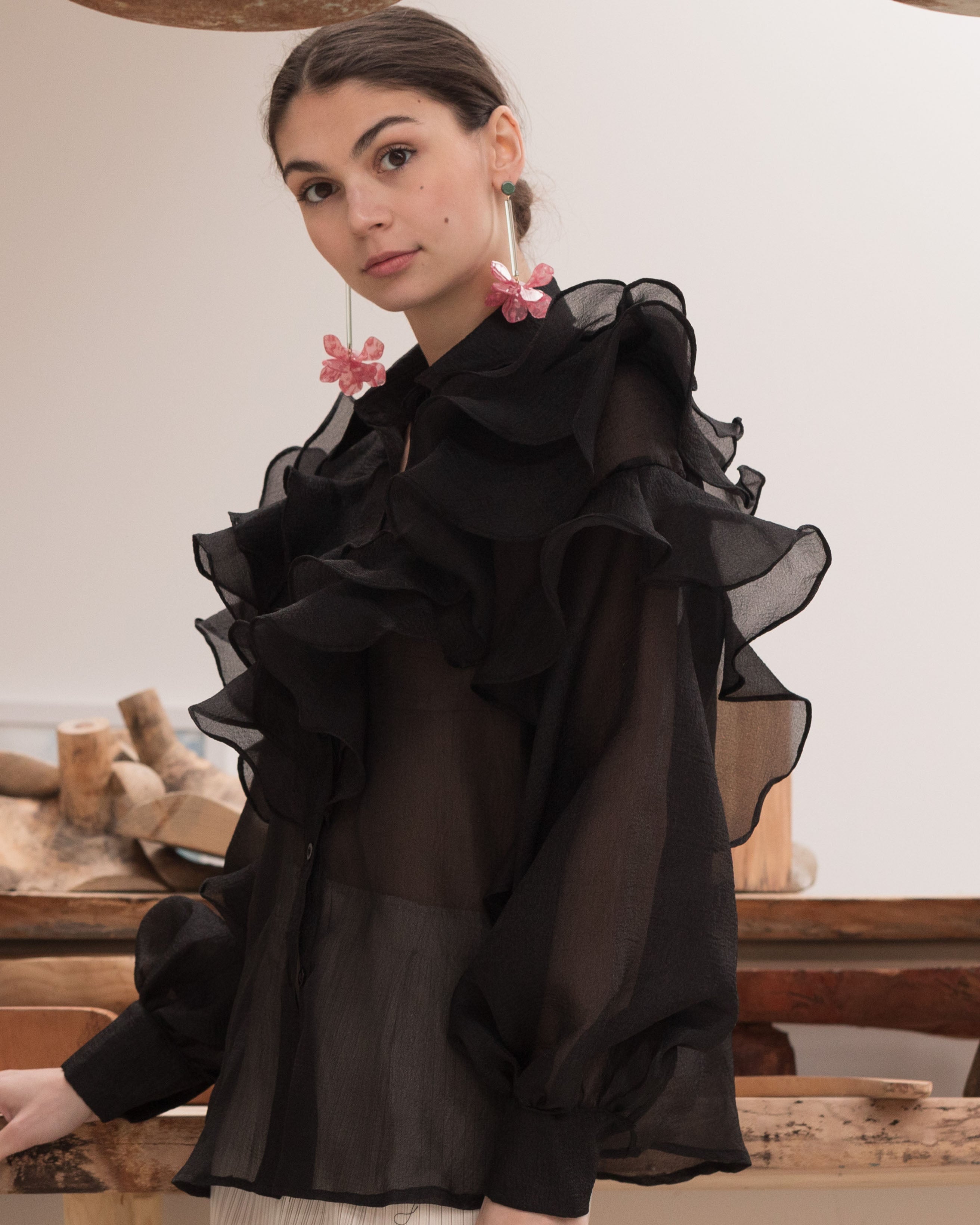 Olivia Row™ | Multi Layer ruffles design sheer organza shirt in Black