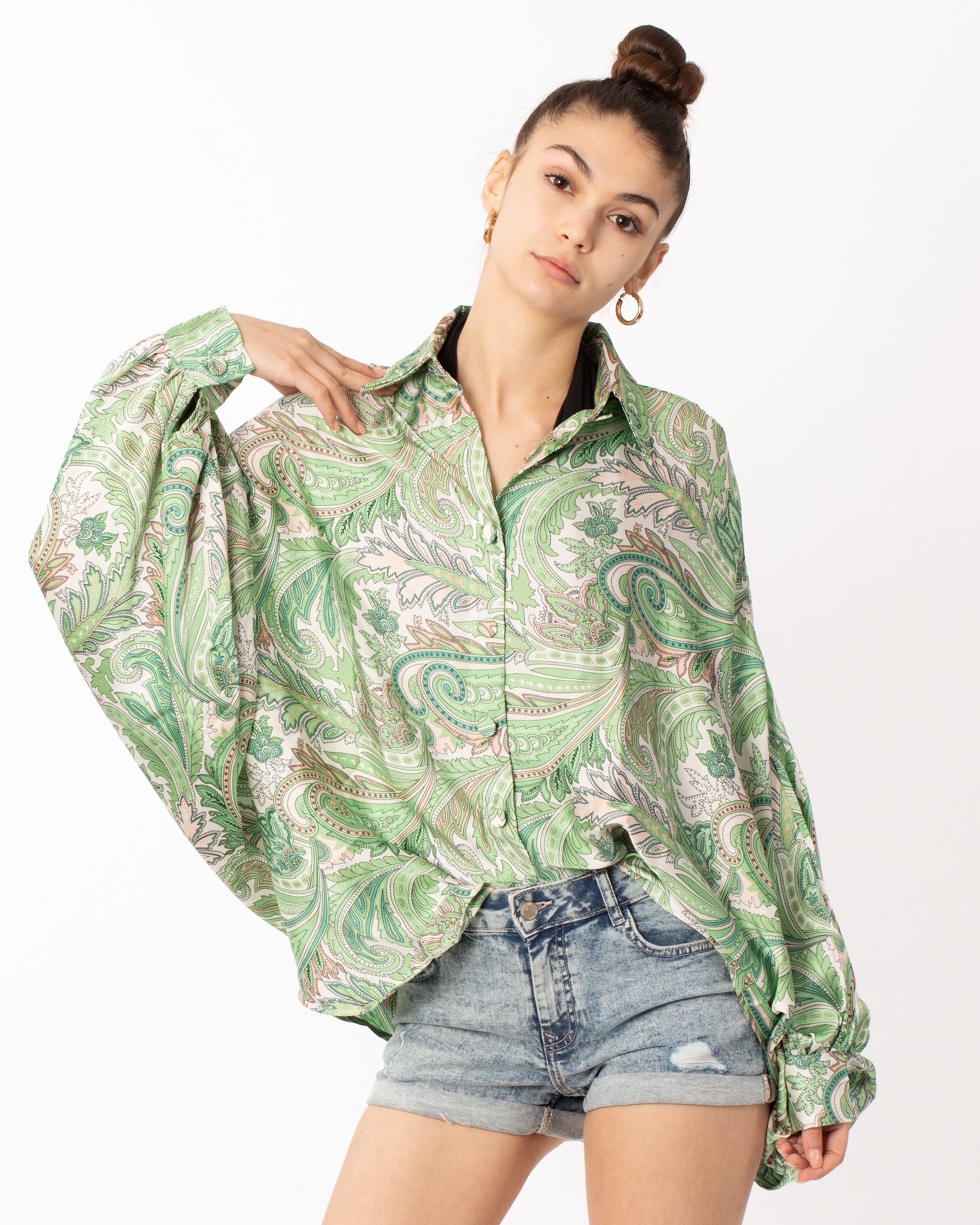 Olivia Row™ | Oversized Long Sleeve Shirt in Green Paisley Scarf print