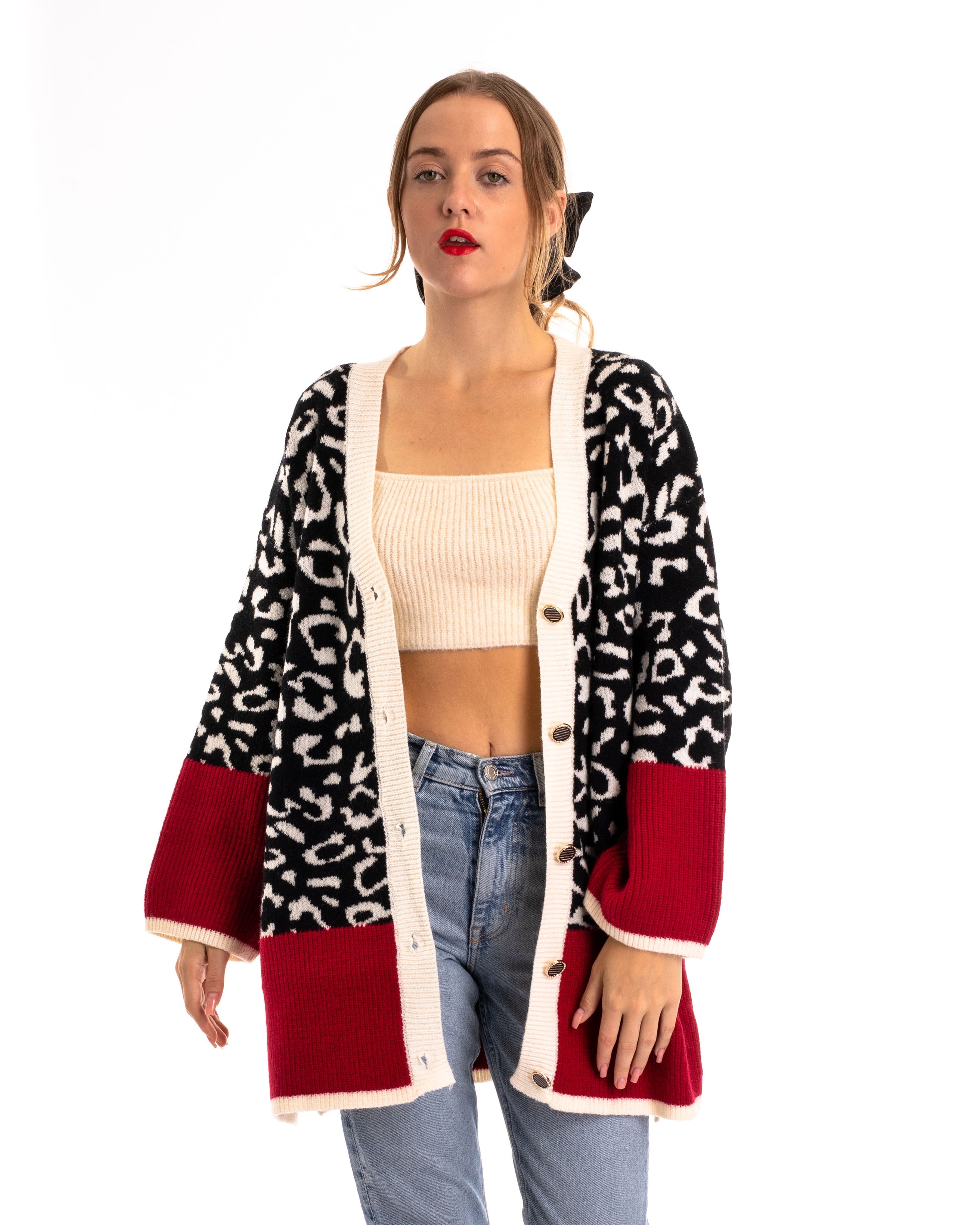 Olivia Row™ | Leopard pattern design oversized cardigan with red hem
