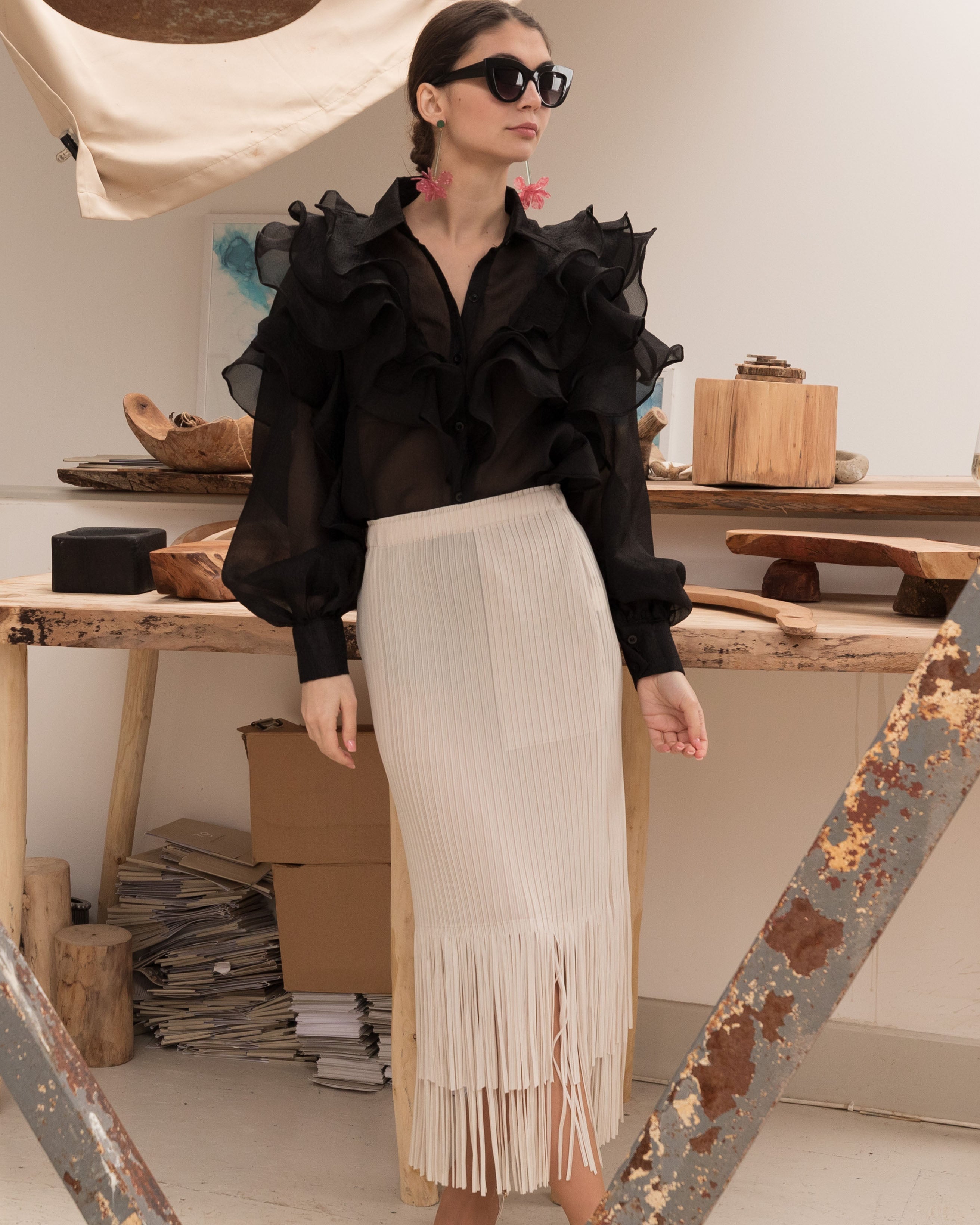 Olivia Row™ | Multi Layer ruffles design sheer organza shirt in Black