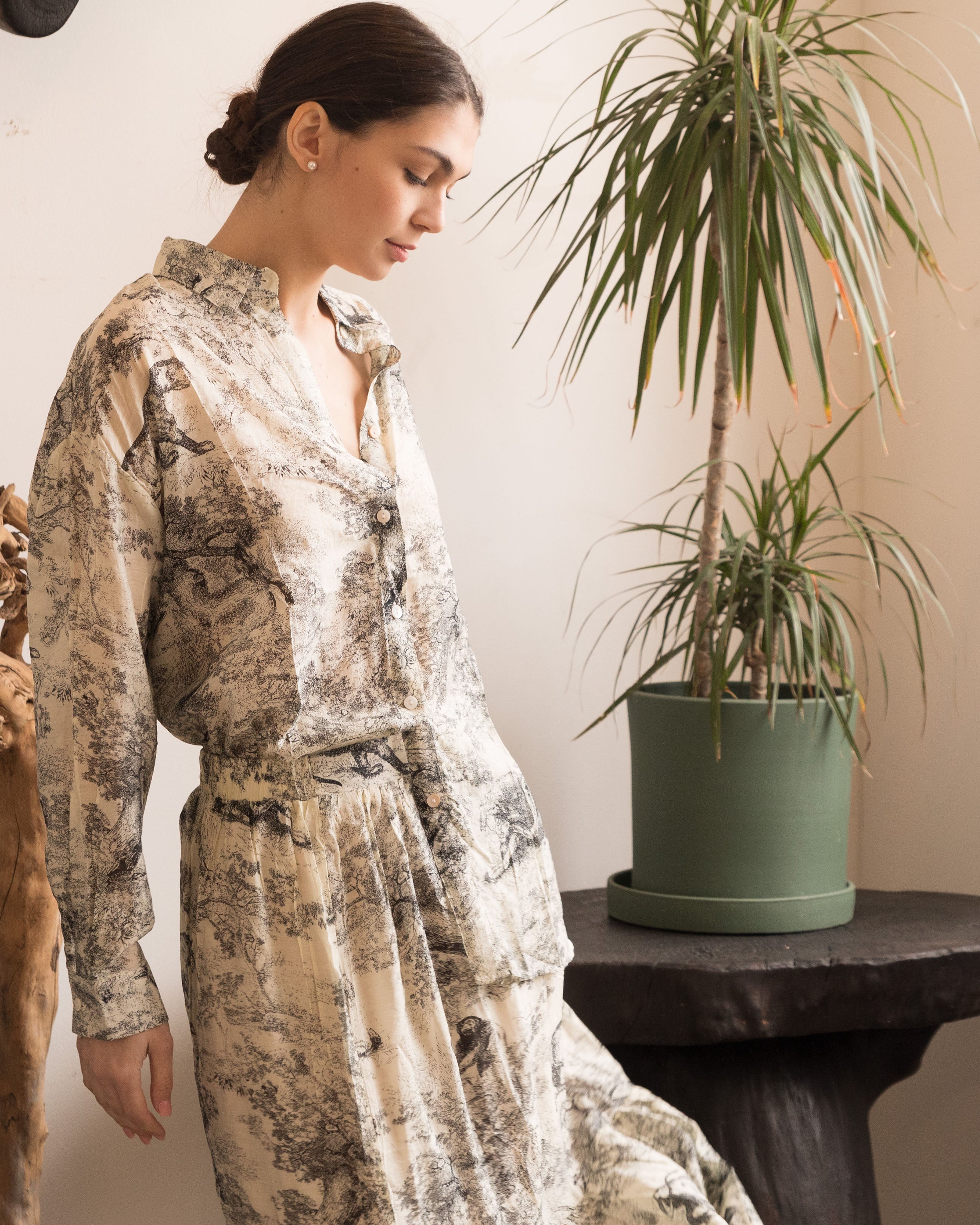 Olivia Row™ | Animal and Forest Scarf print Shirt and Midi Skirt Co-ords in Black