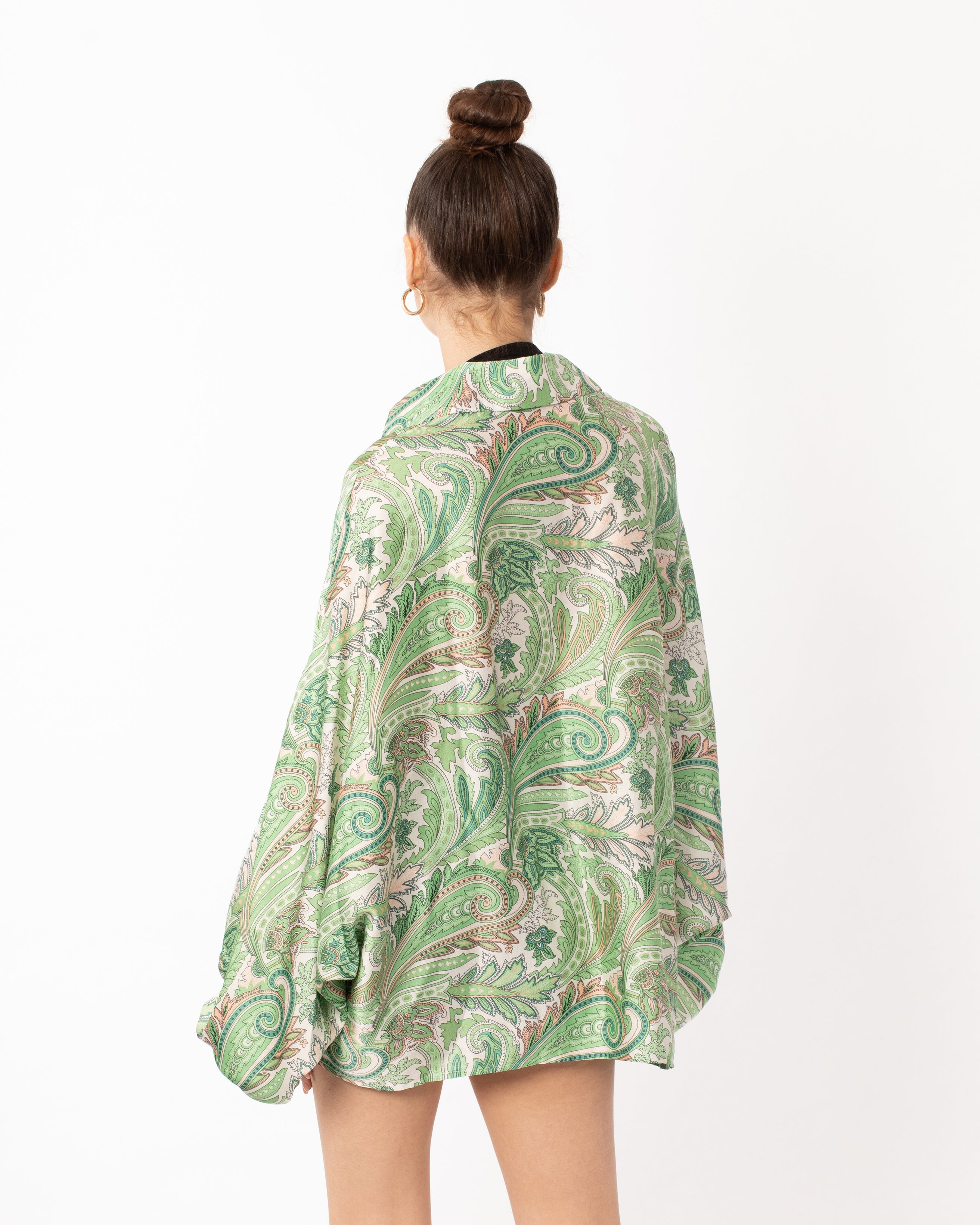 Olivia Row™ | Oversized Long Sleeve Shirt in Green Paisley Scarf print