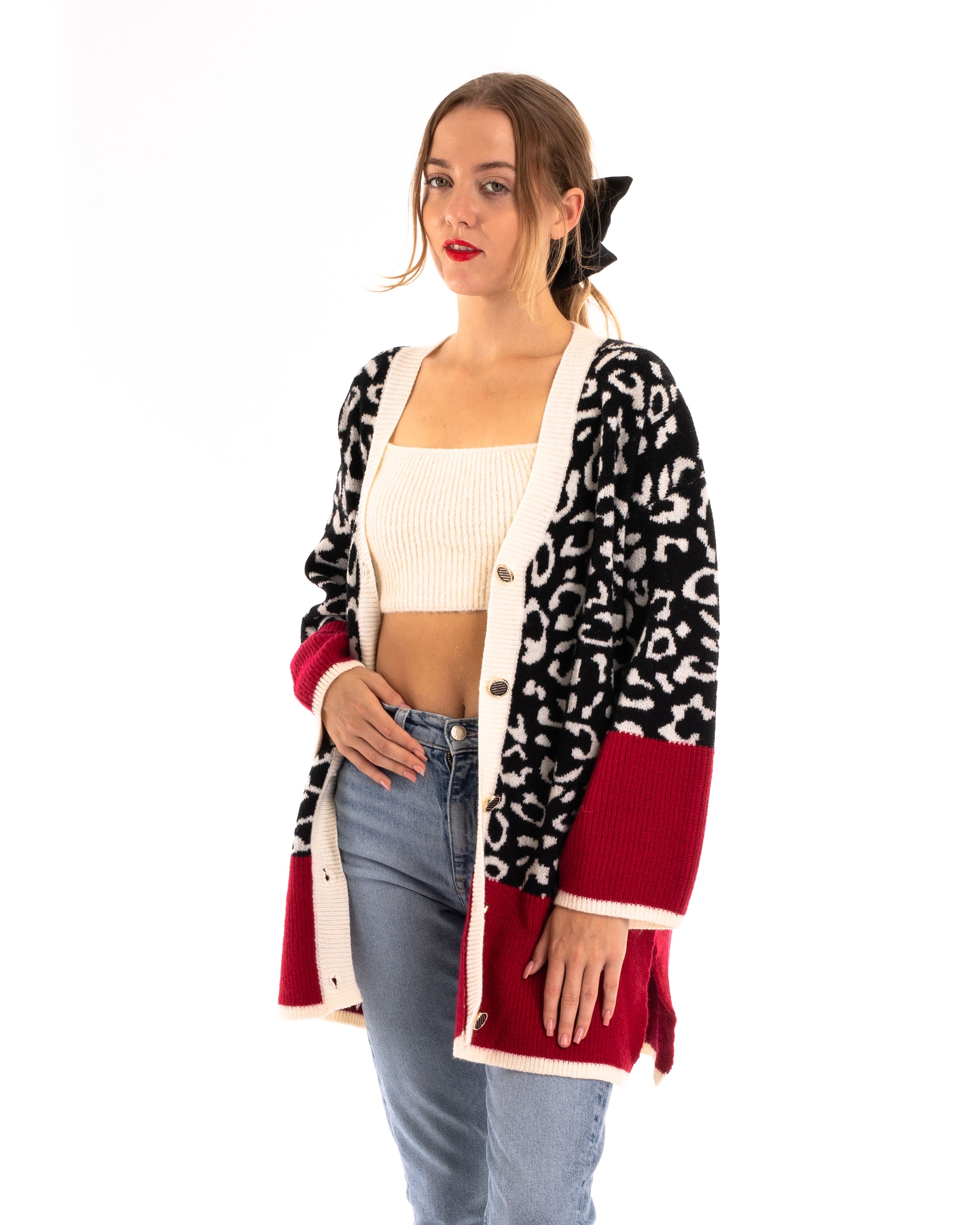 Olivia Row™ | Leopard pattern design oversized cardigan with red hem