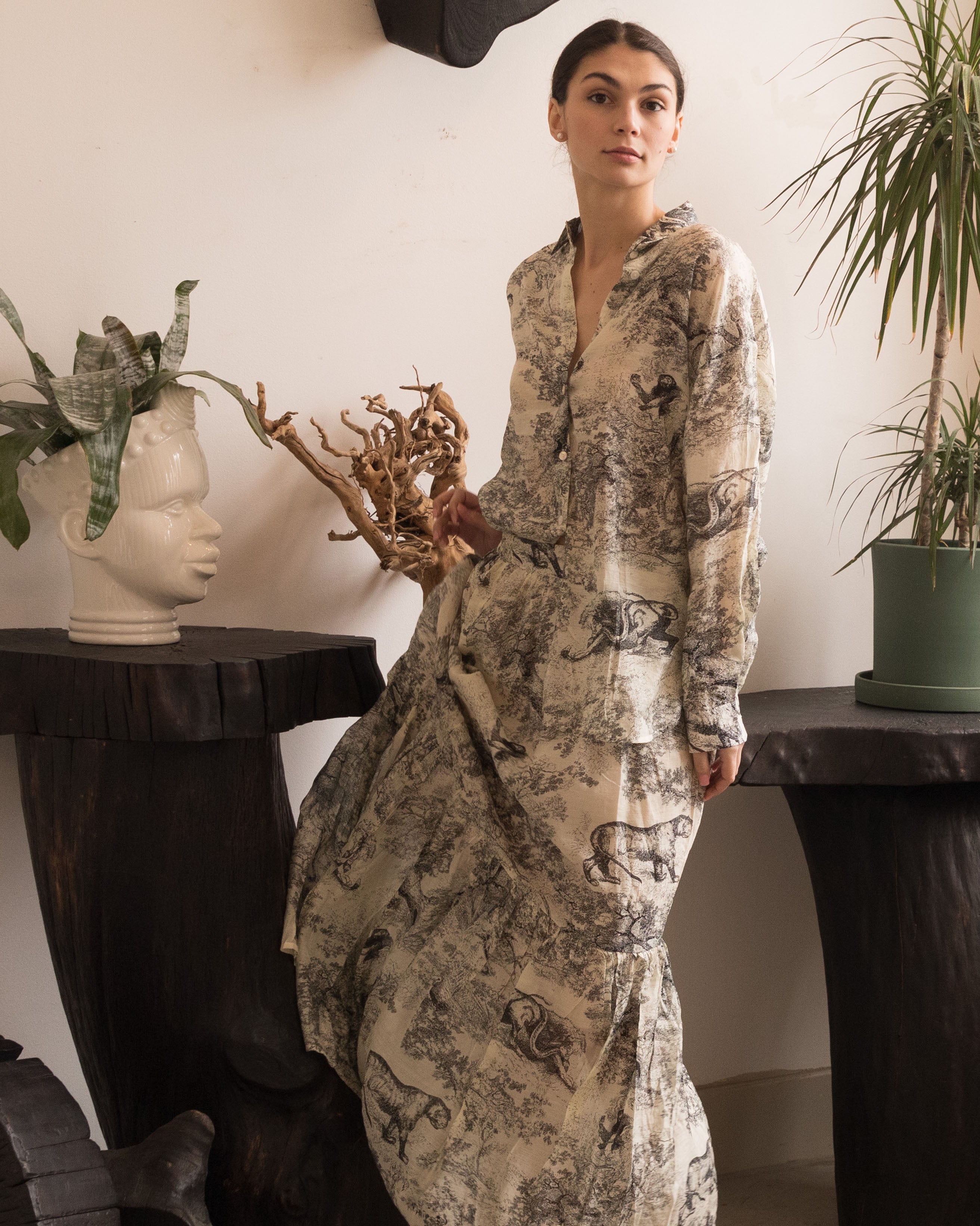 Olivia Row™ | Animal and Forest Scarf print Shirt and Midi Skirt Co-ords in Black