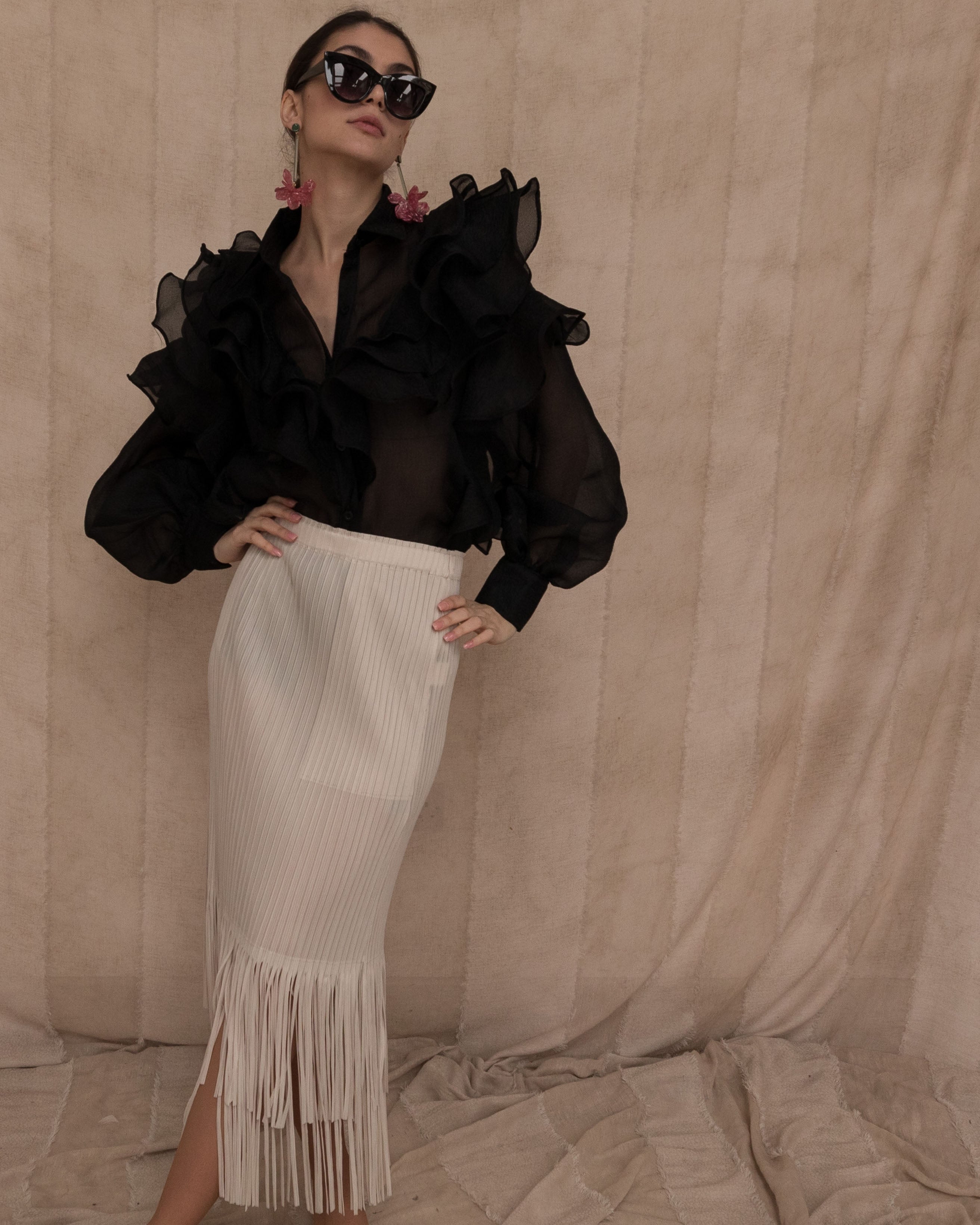 Olivia Row™ | Multi Layer ruffles design sheer organza shirt in Black