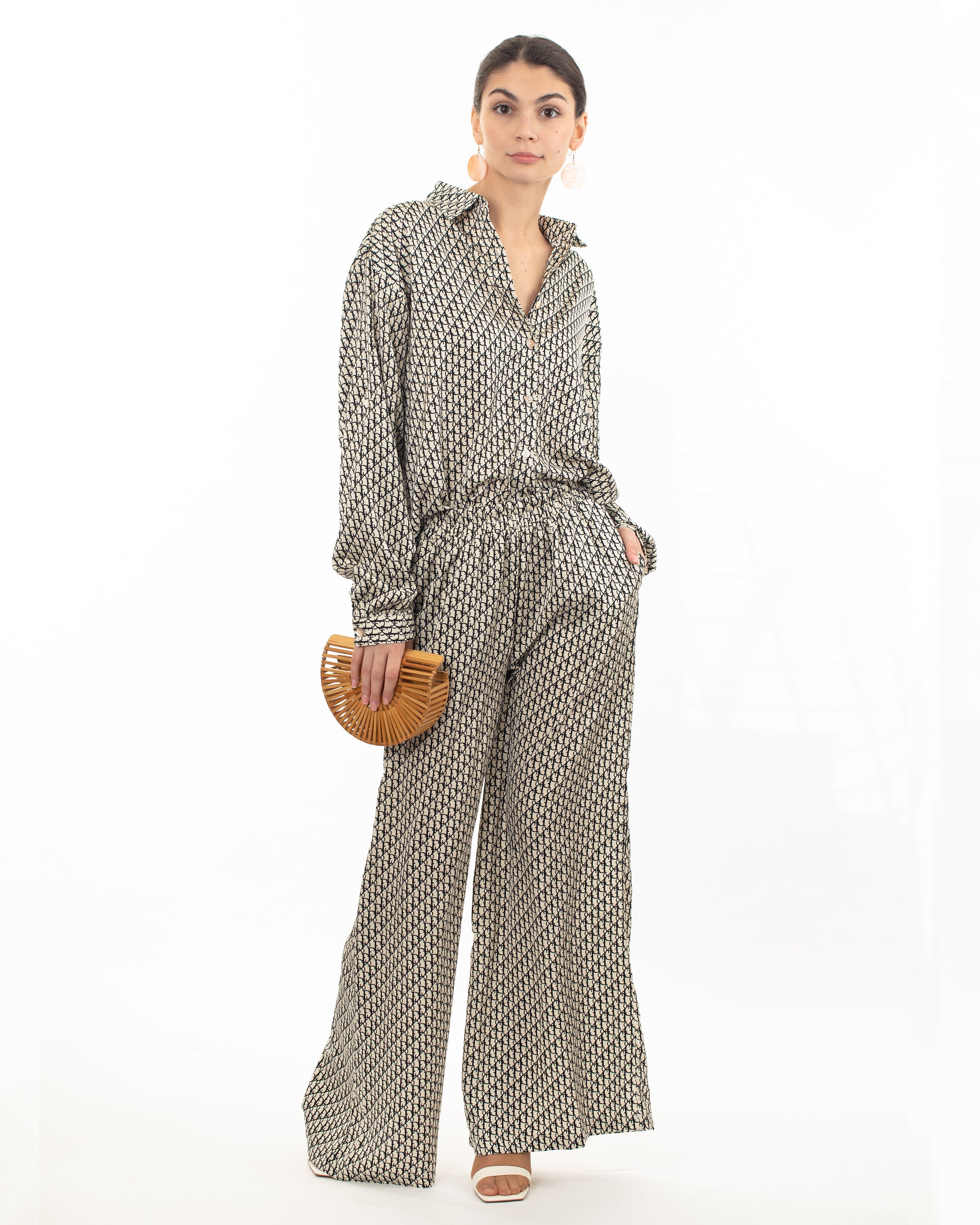 Olivia Row™ | Black and White Letter D Houndstooth Print Shirt and Trousers Co-ords