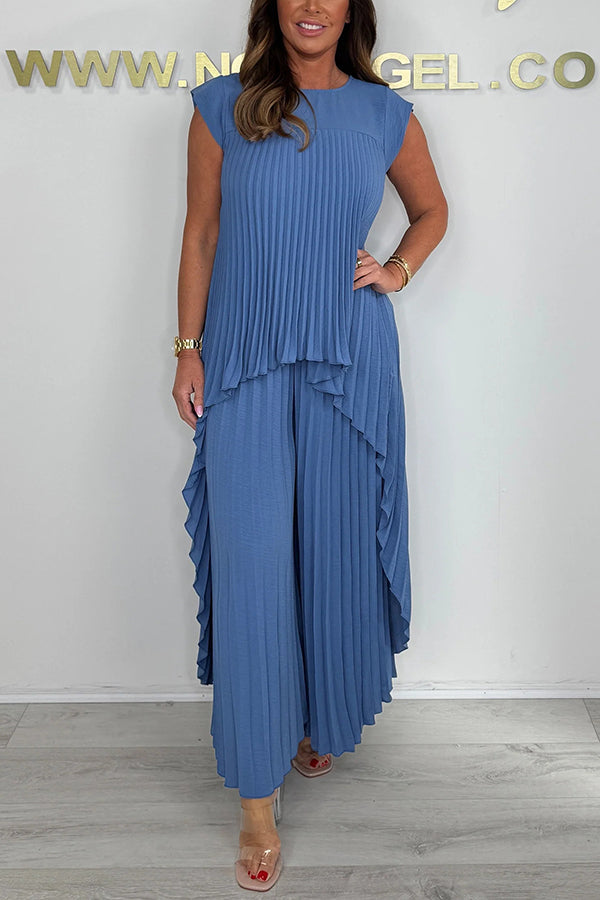 Laney Jumpsuit Pleated Midi Top and Elastic Wide Leg Pants Set