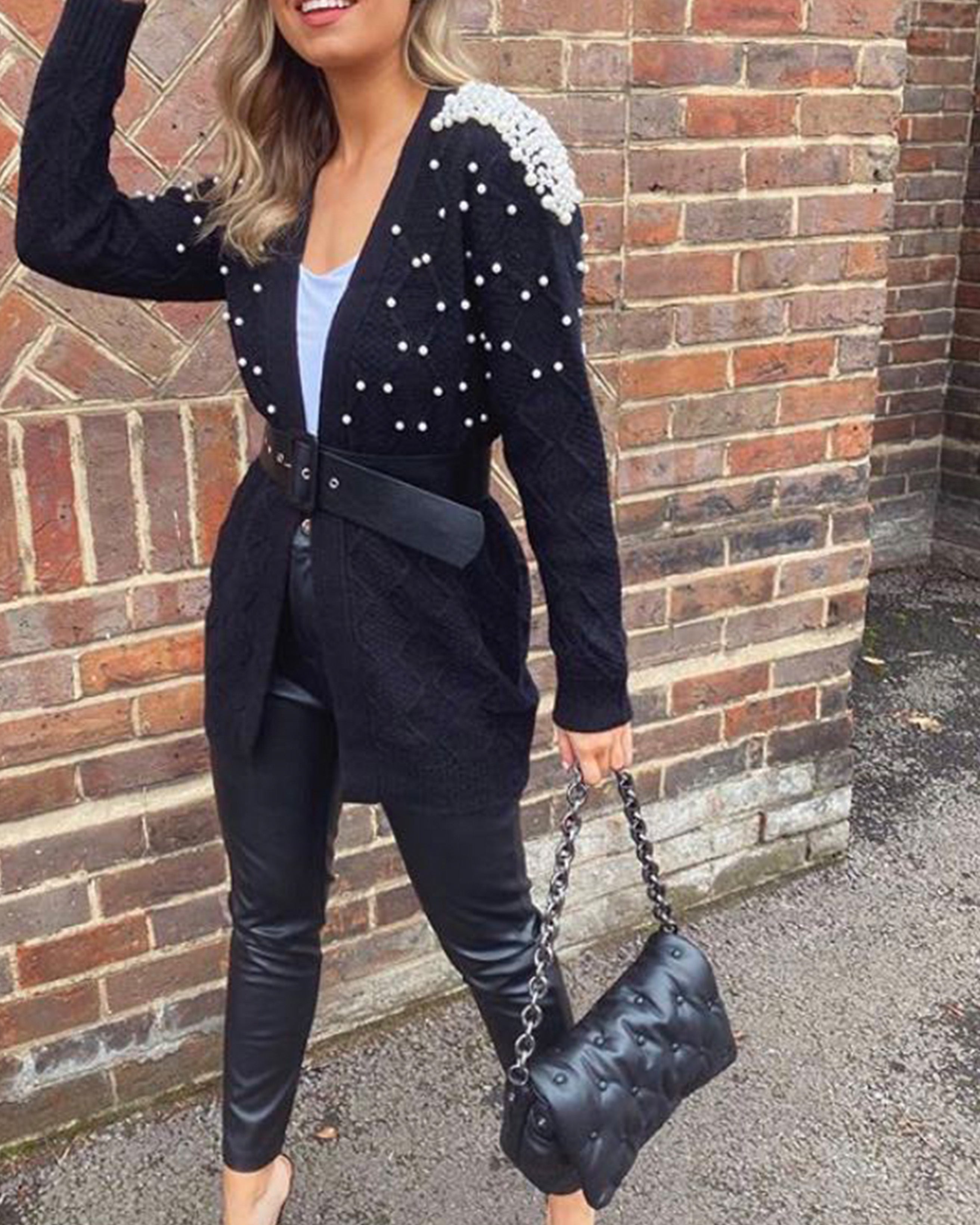 Olivia Row™ | Cardigan with pearl embellishment on shoulder in black