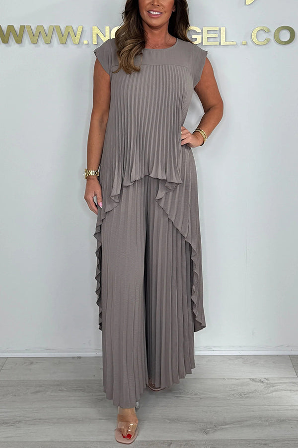 Laney Jumpsuit Pleated Midi Top and Elastic Wide Leg Pants Set