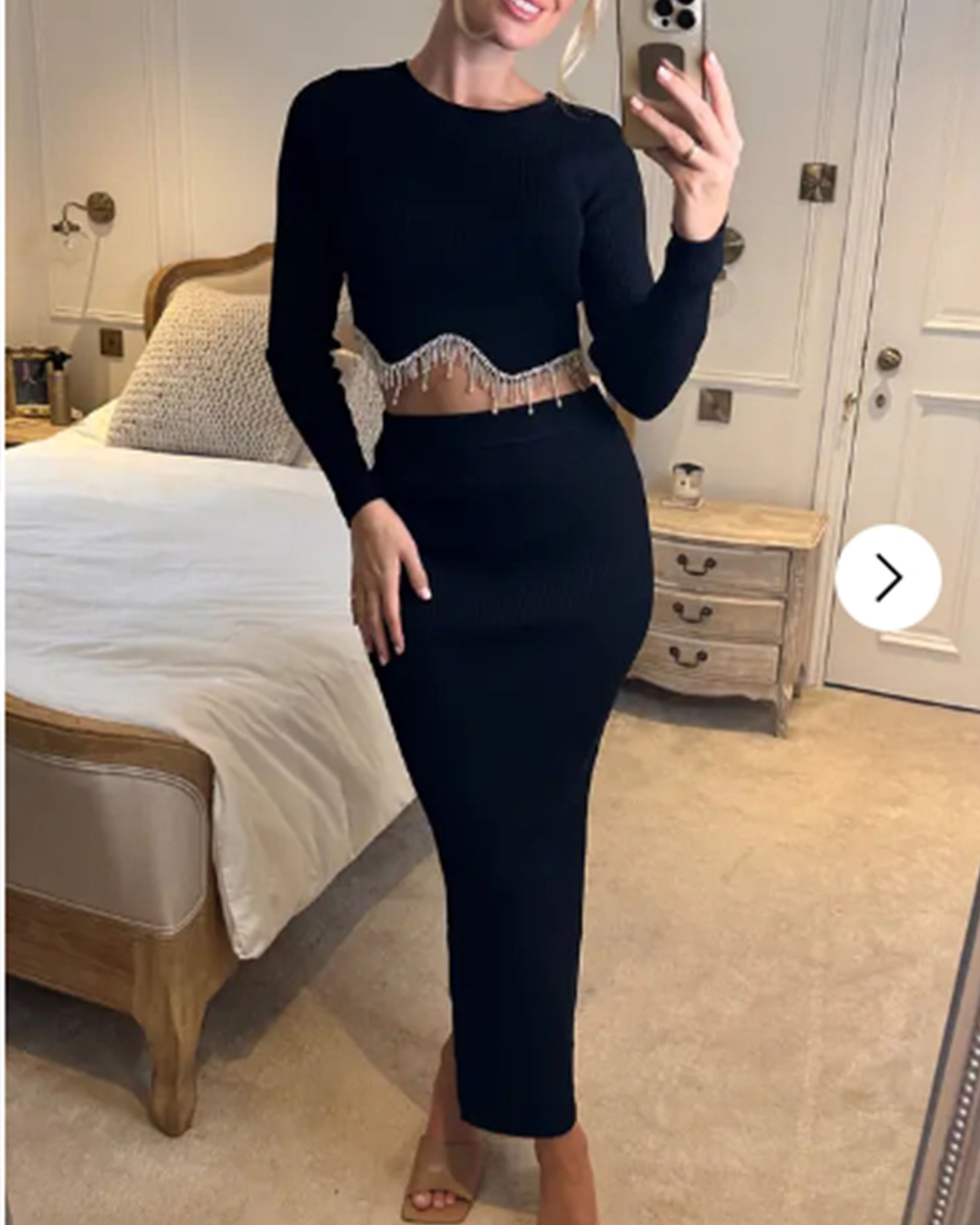 Olivia Row™ | Scalloped shape knit top with diamonded chain embellish and midi skirt co-ords in black