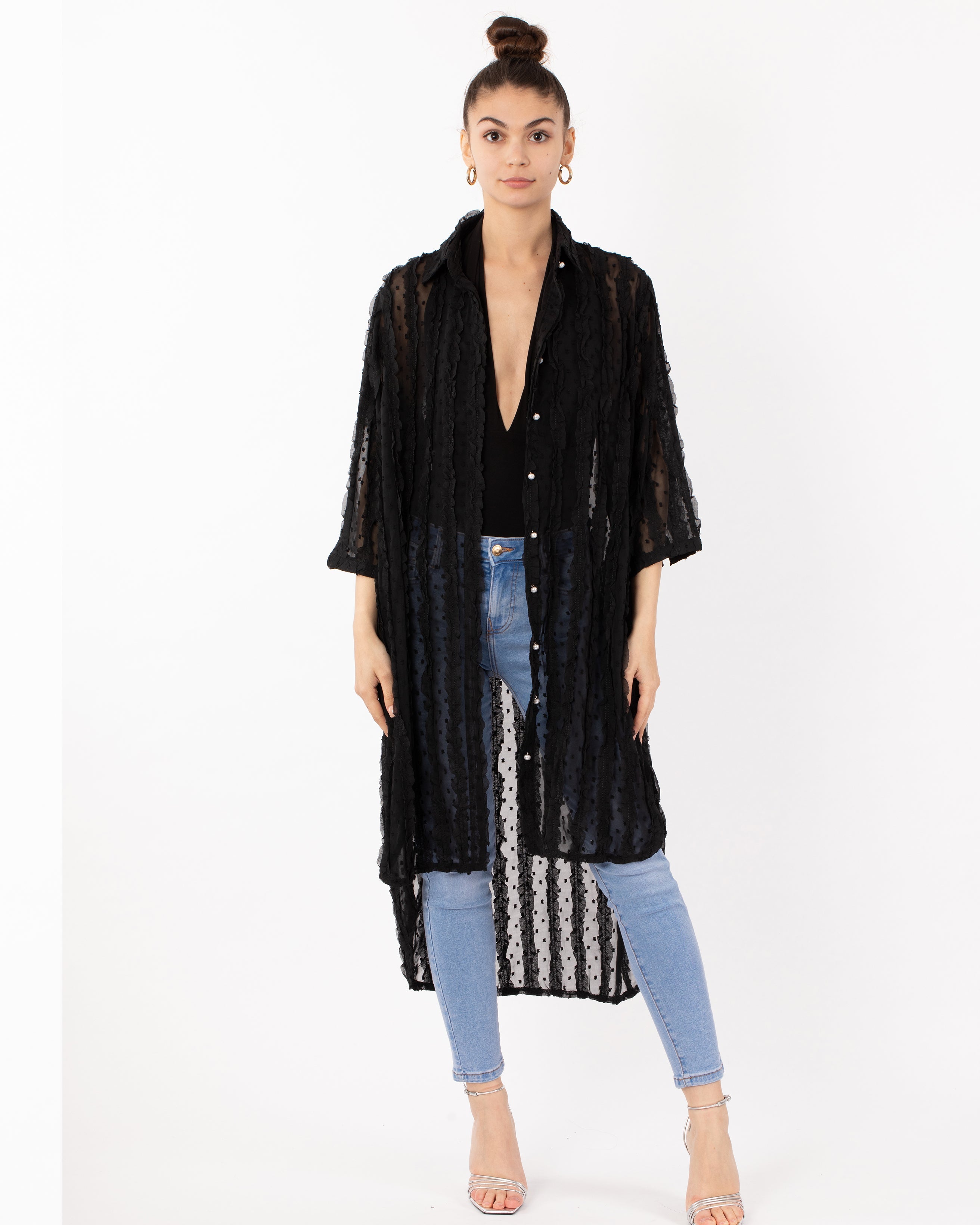 Olivia Row™ | Oversized shirt dress in black with chiffon ruffle stripe design