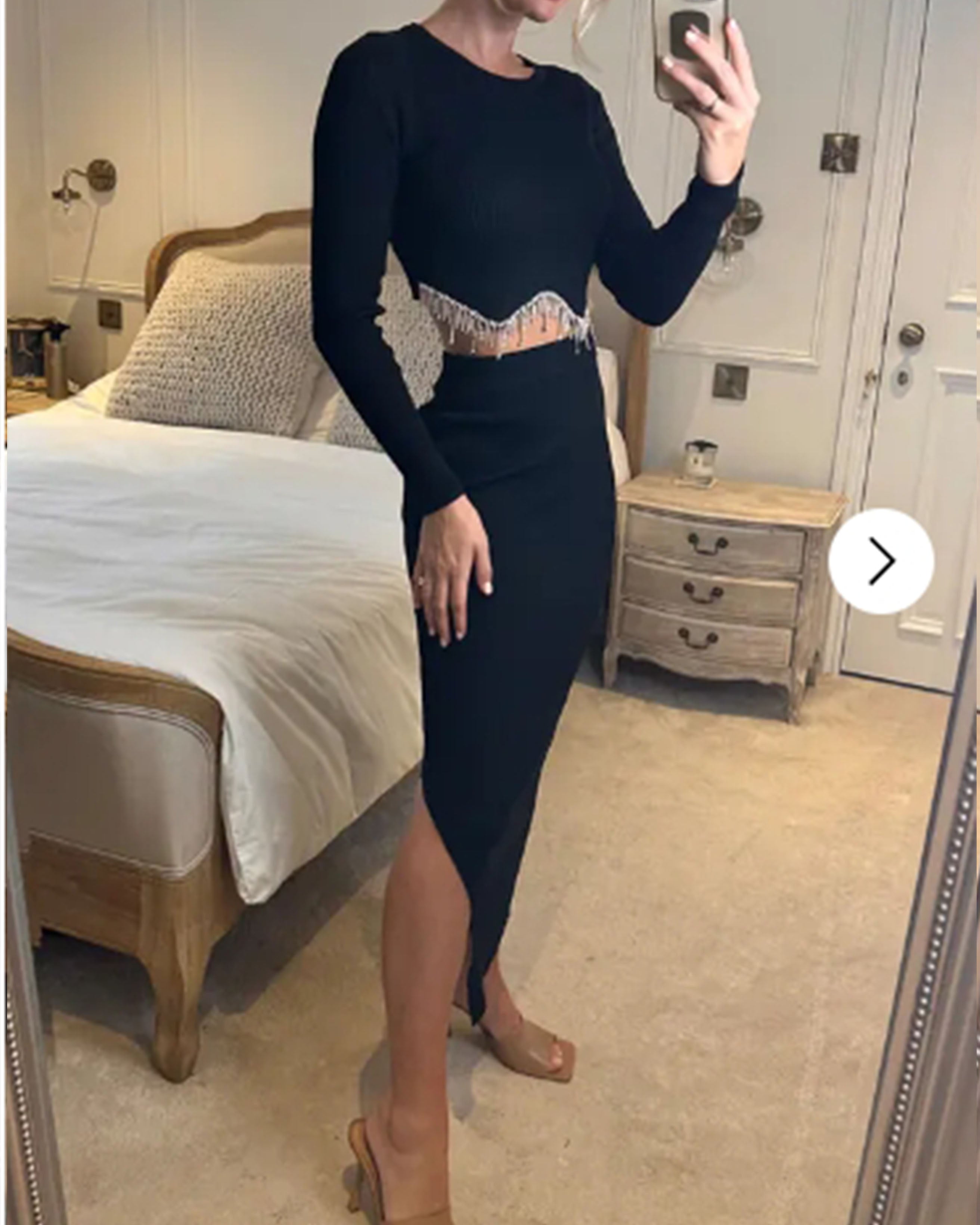 Olivia Row™ | Scalloped shape knit top with diamonded chain embellish and midi skirt co-ords in black