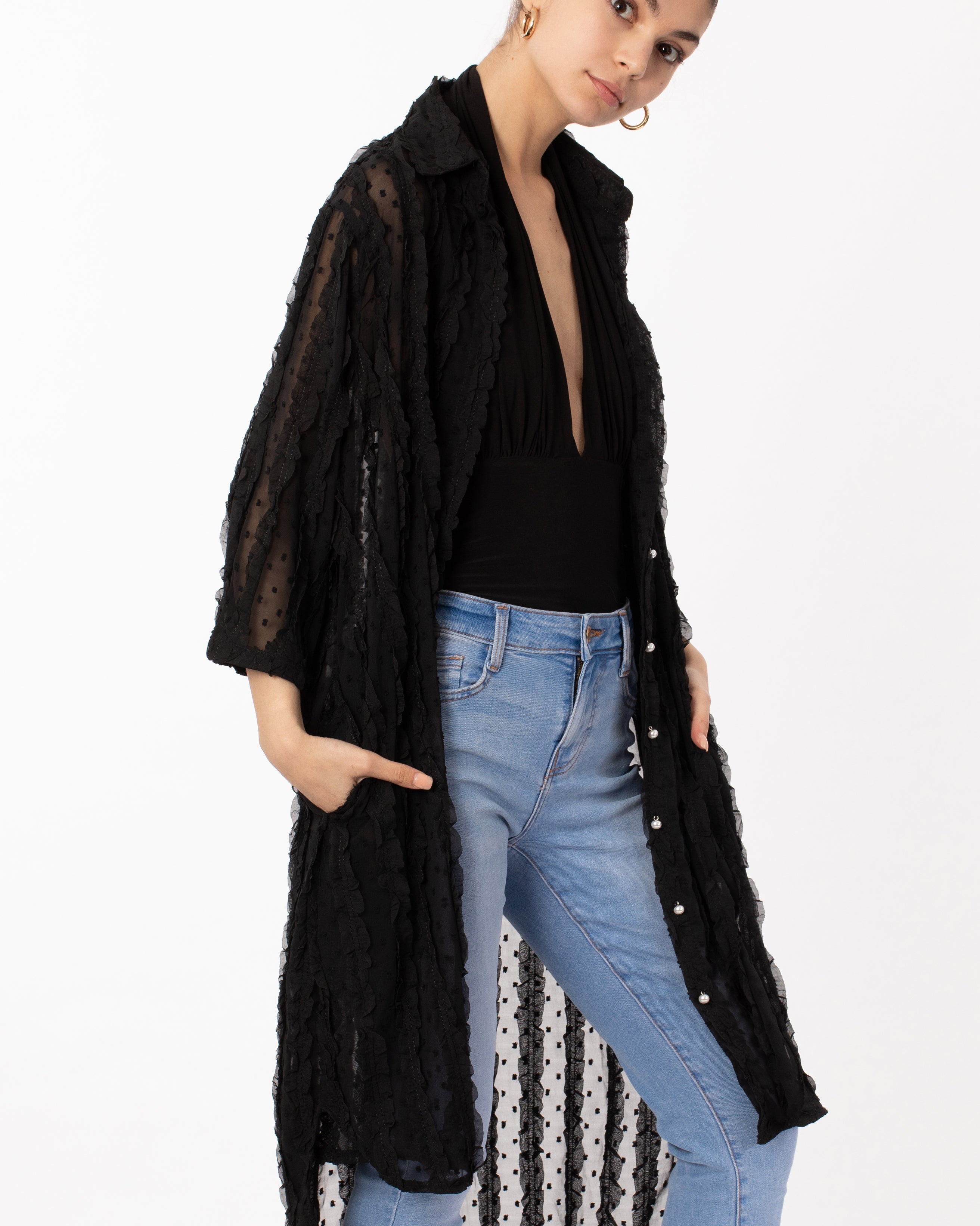 Olivia Row™ | Oversized shirt dress in black with chiffon ruffle stripe design