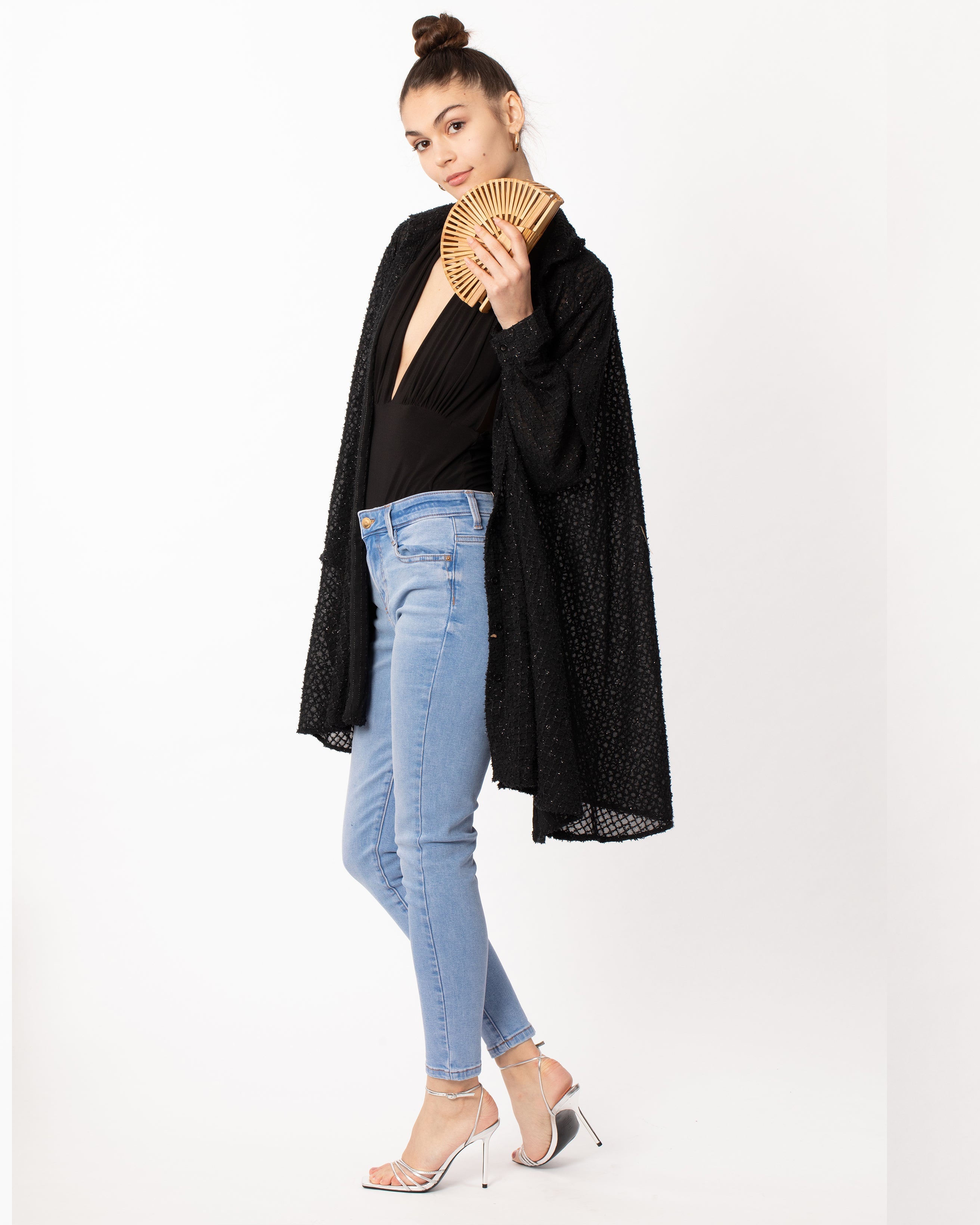 Olivia Row™ | Oversized shirt dress in black with shimmy hues fabric design