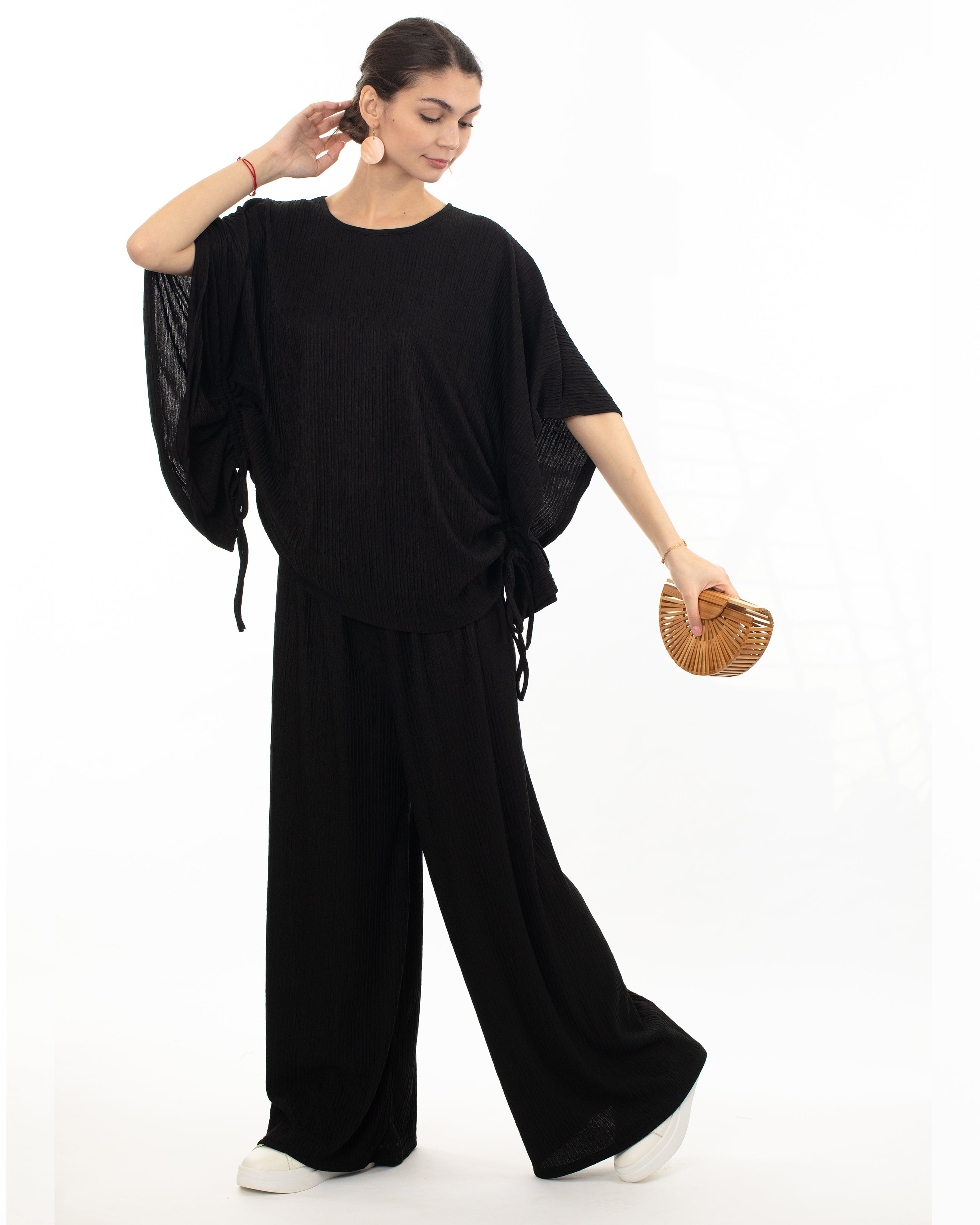 Olivia Row™ | Cotton blend comfort stretch-jersey Lace up top and Relaxed-fit trousers in Black