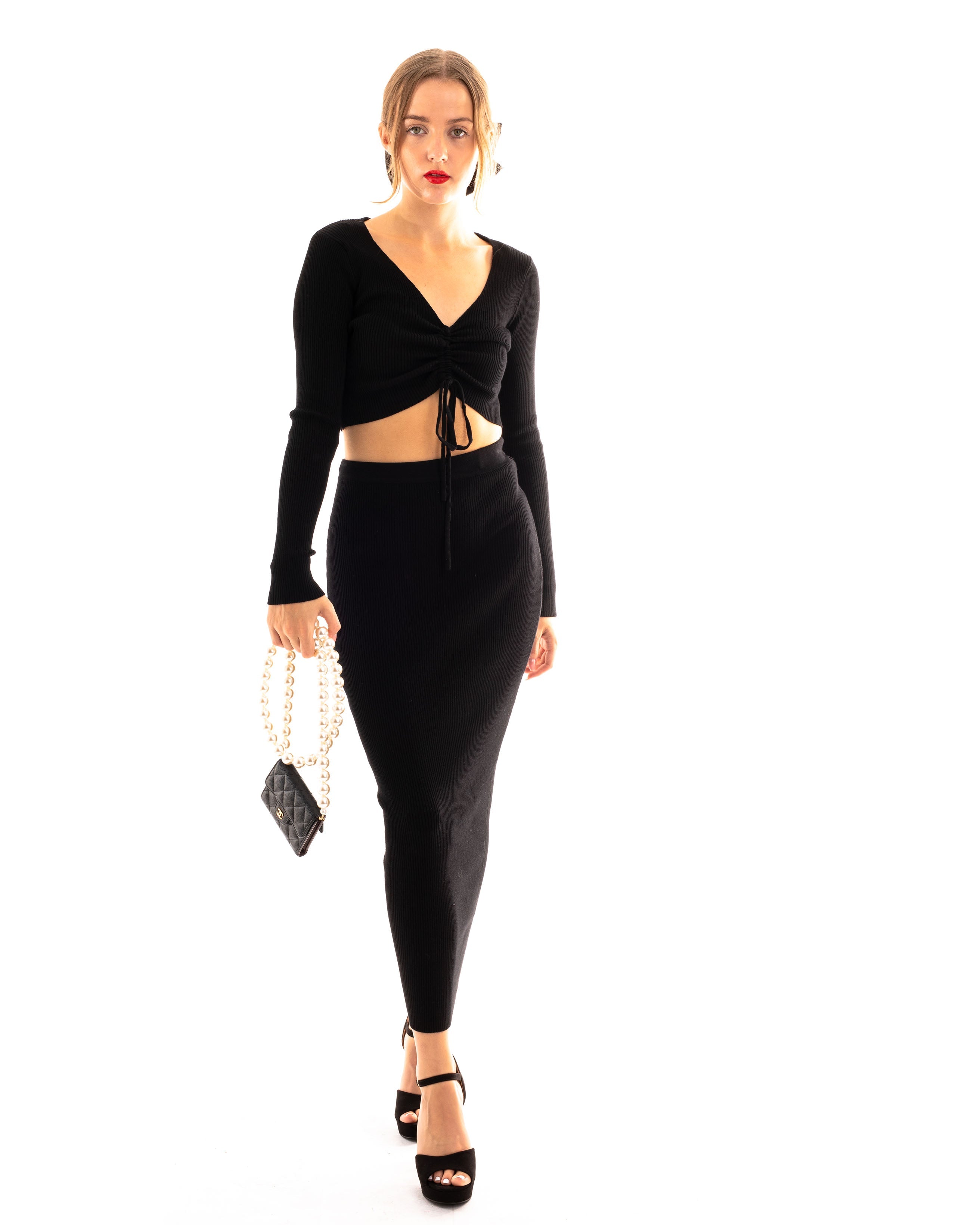 Olivia Row™ | Gather lace up long sleeves top and maxi skirt co-ords suits in black