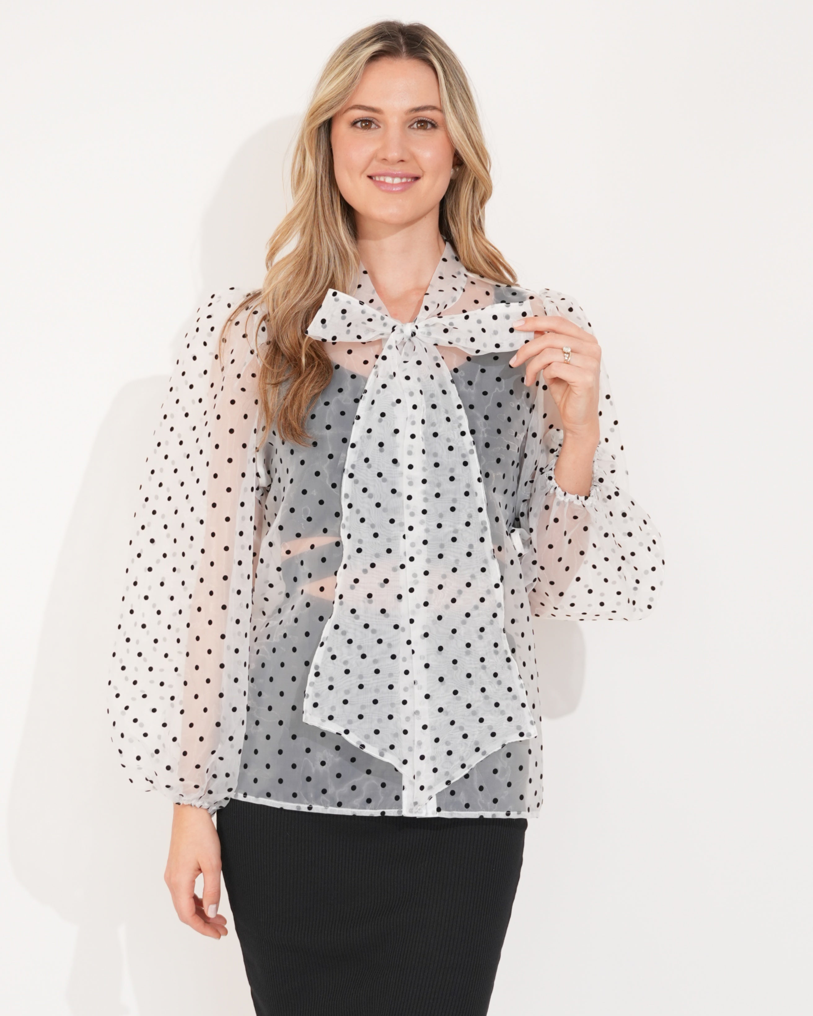 Olivia Row™ | White color Oversized Organza shirt in polka dot print with bow design