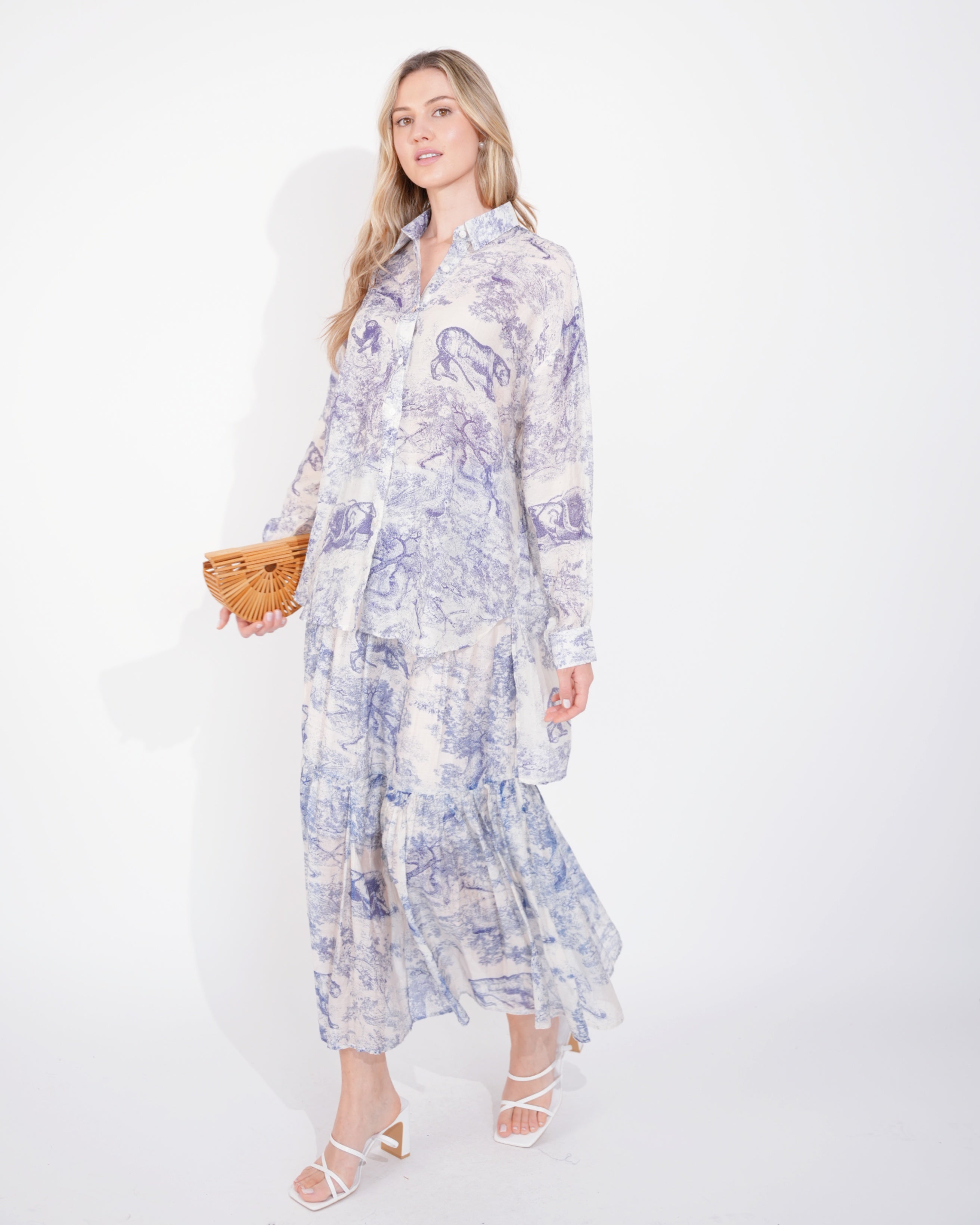 Olivia Row™ | Animal and Forest Scarf print Shirt and Midi Skirt Co-ords in Blue