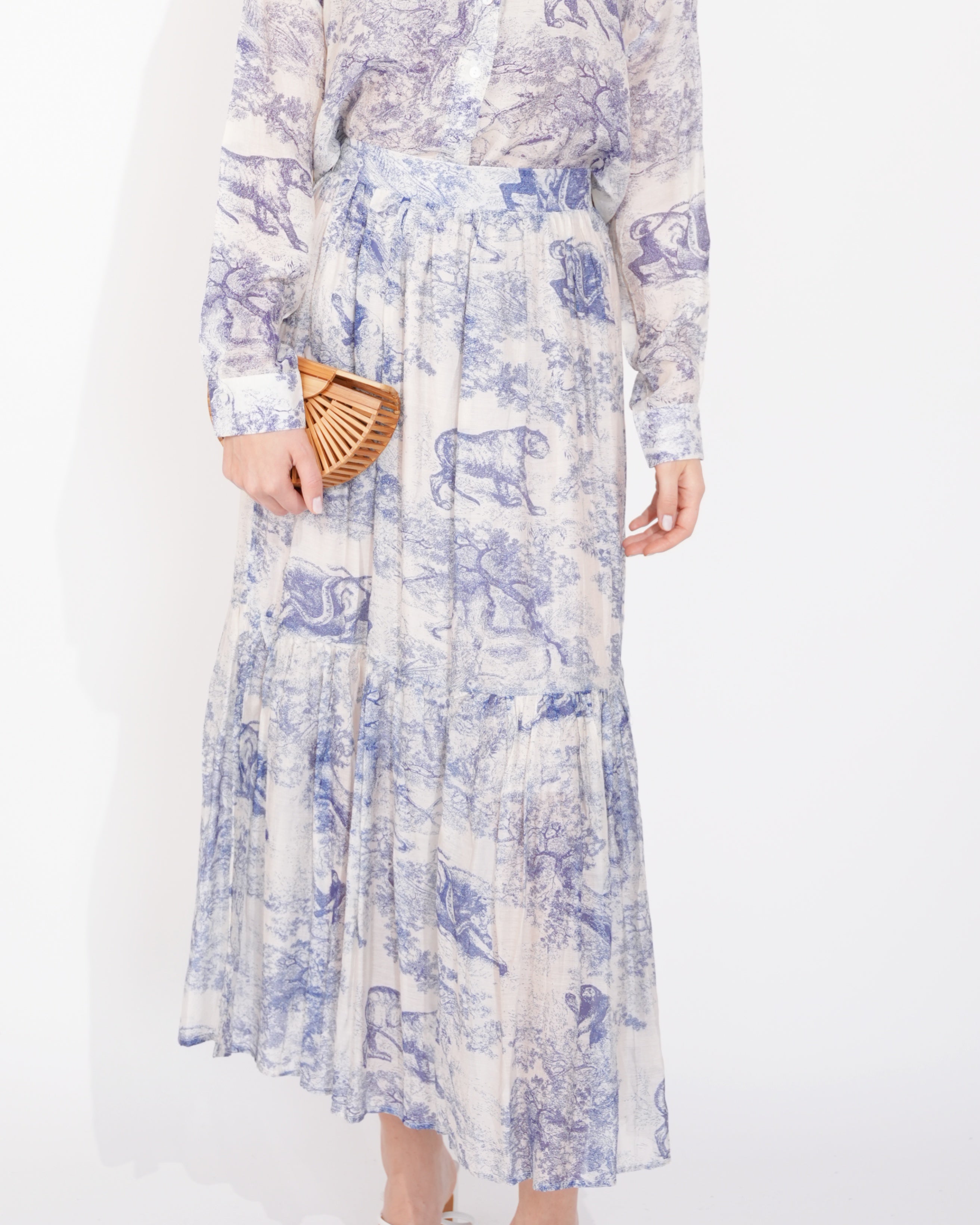 Olivia Row™ | Animal and Forest Scarf print Shirt and Midi Skirt Co-ords in Blue