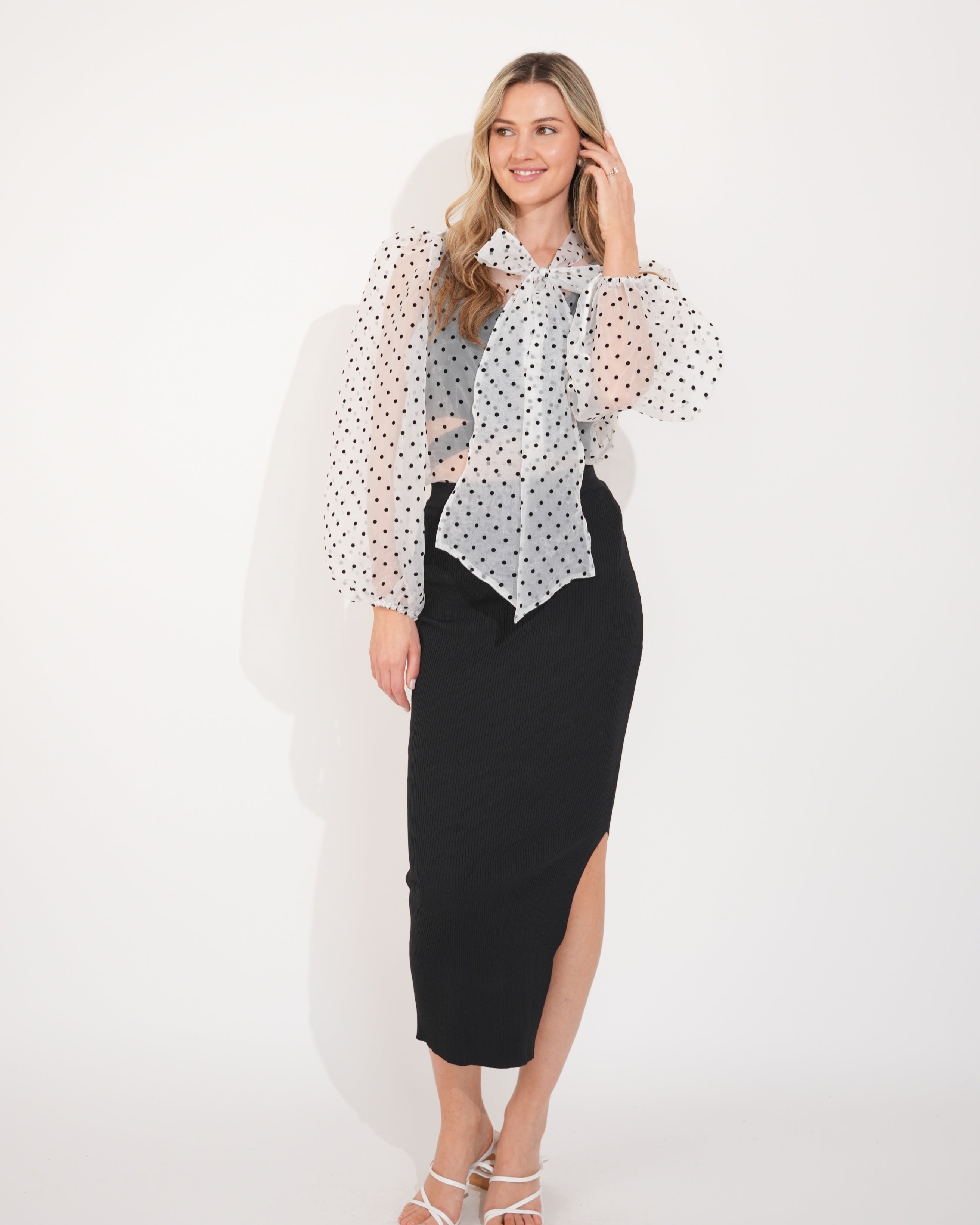 Olivia Row™ | White color Oversized Organza shirt in polka dot print with bow design