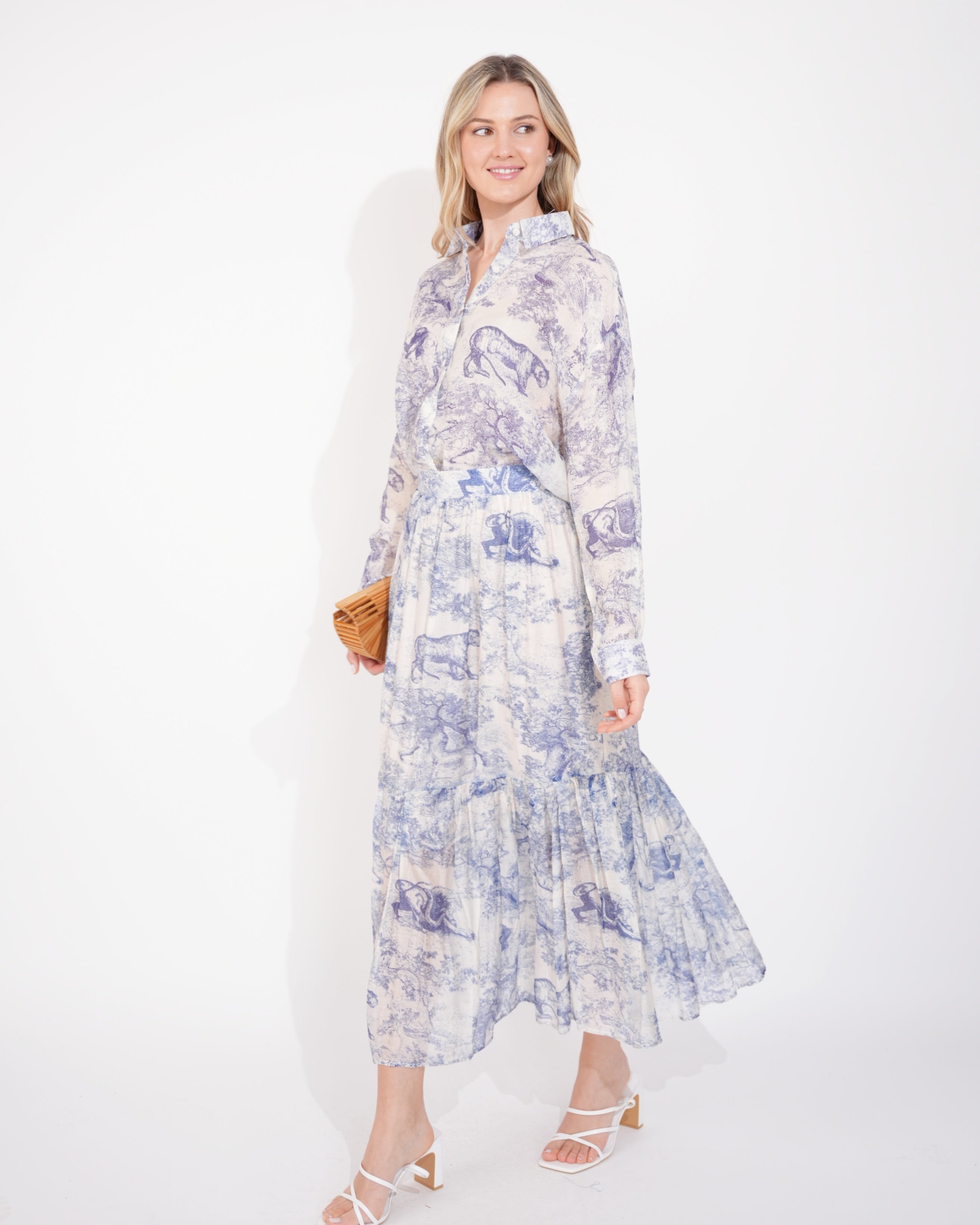 Olivia Row™ | Animal and Forest Scarf print Shirt and Midi Skirt Co-ords in Blue