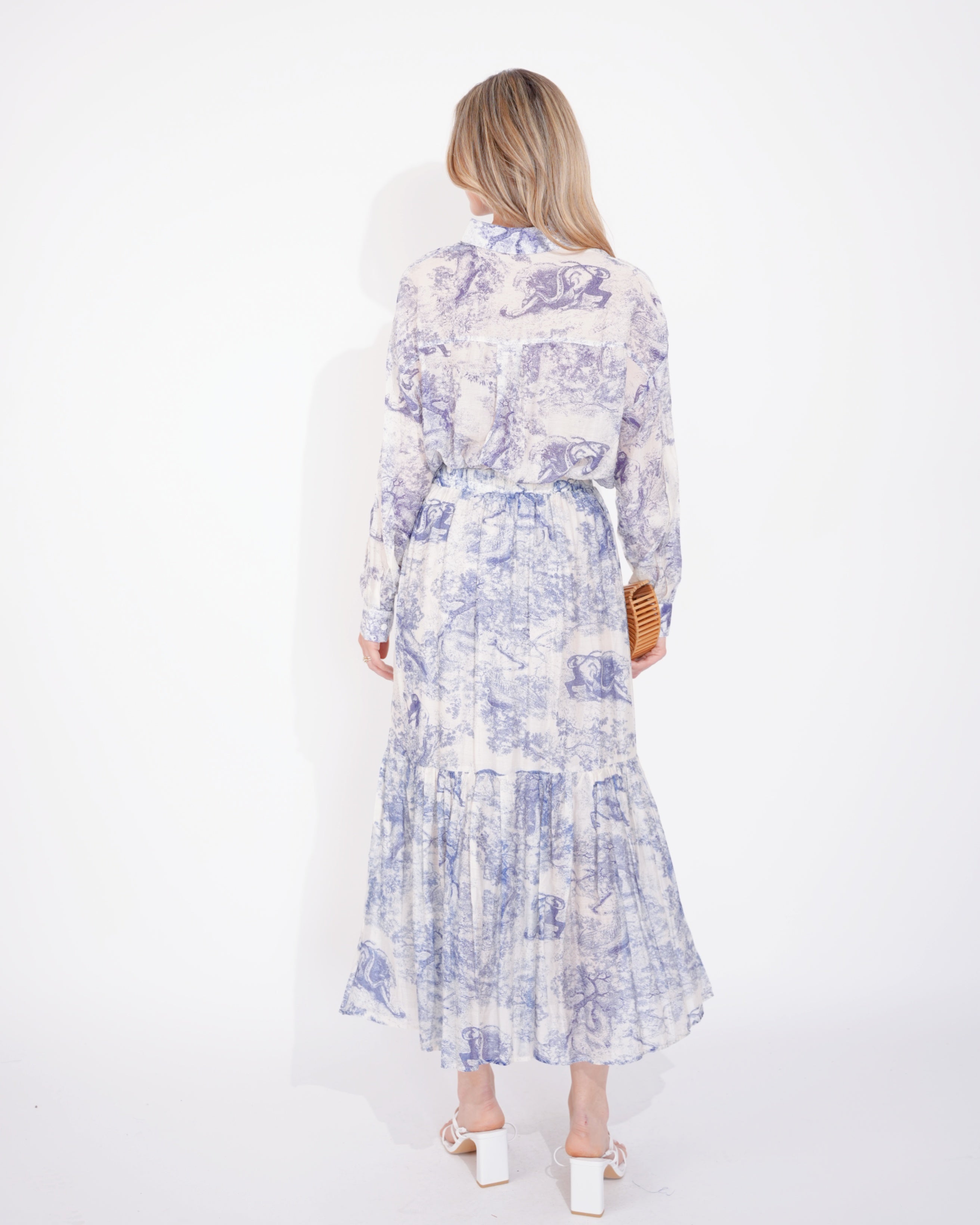 Olivia Row™ | Animal and Forest Scarf print Shirt and Midi Skirt Co-ords in Blue