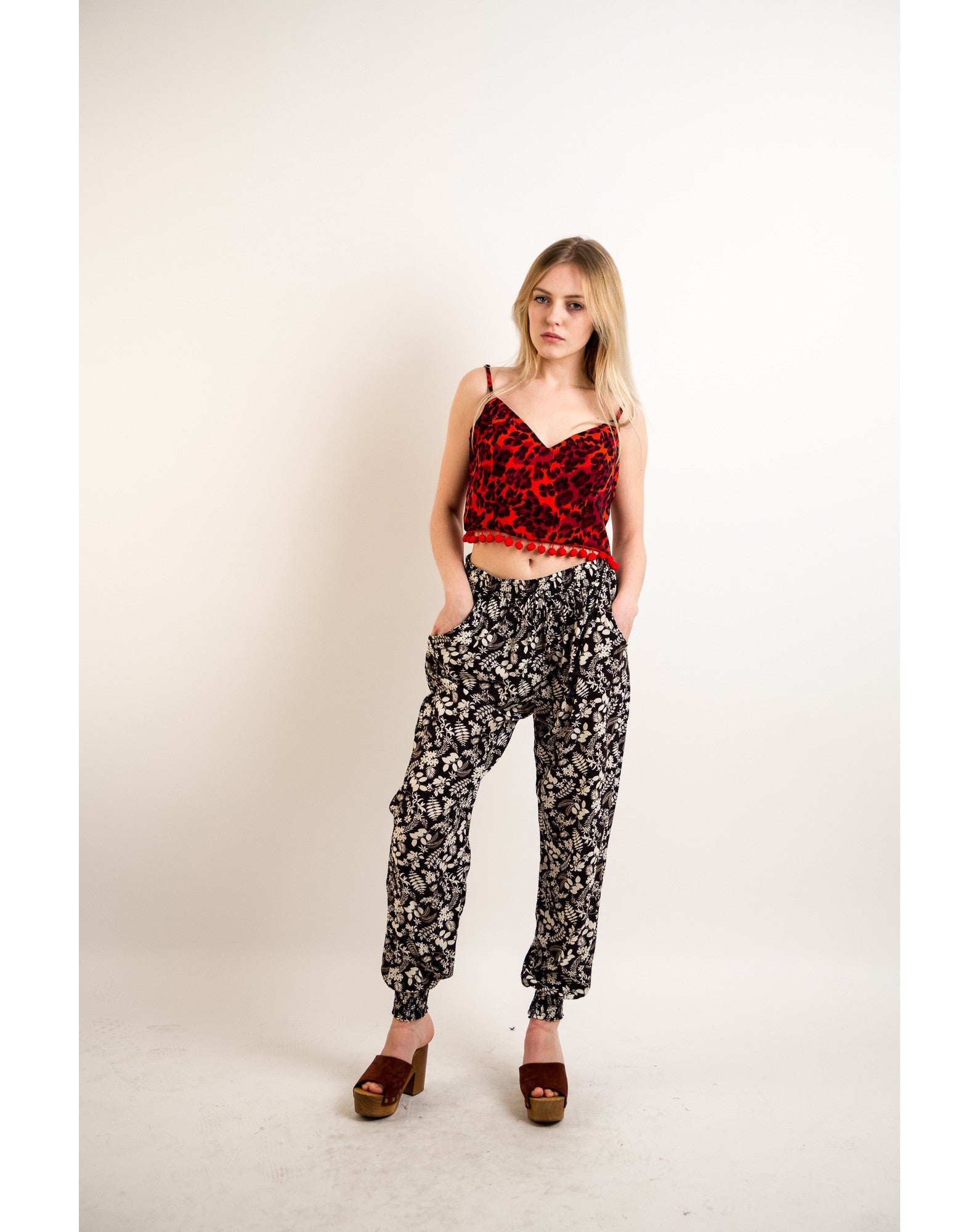 Olivia Row™ | Leaves print elasticated waist Cotton Trousers (BLACK)
