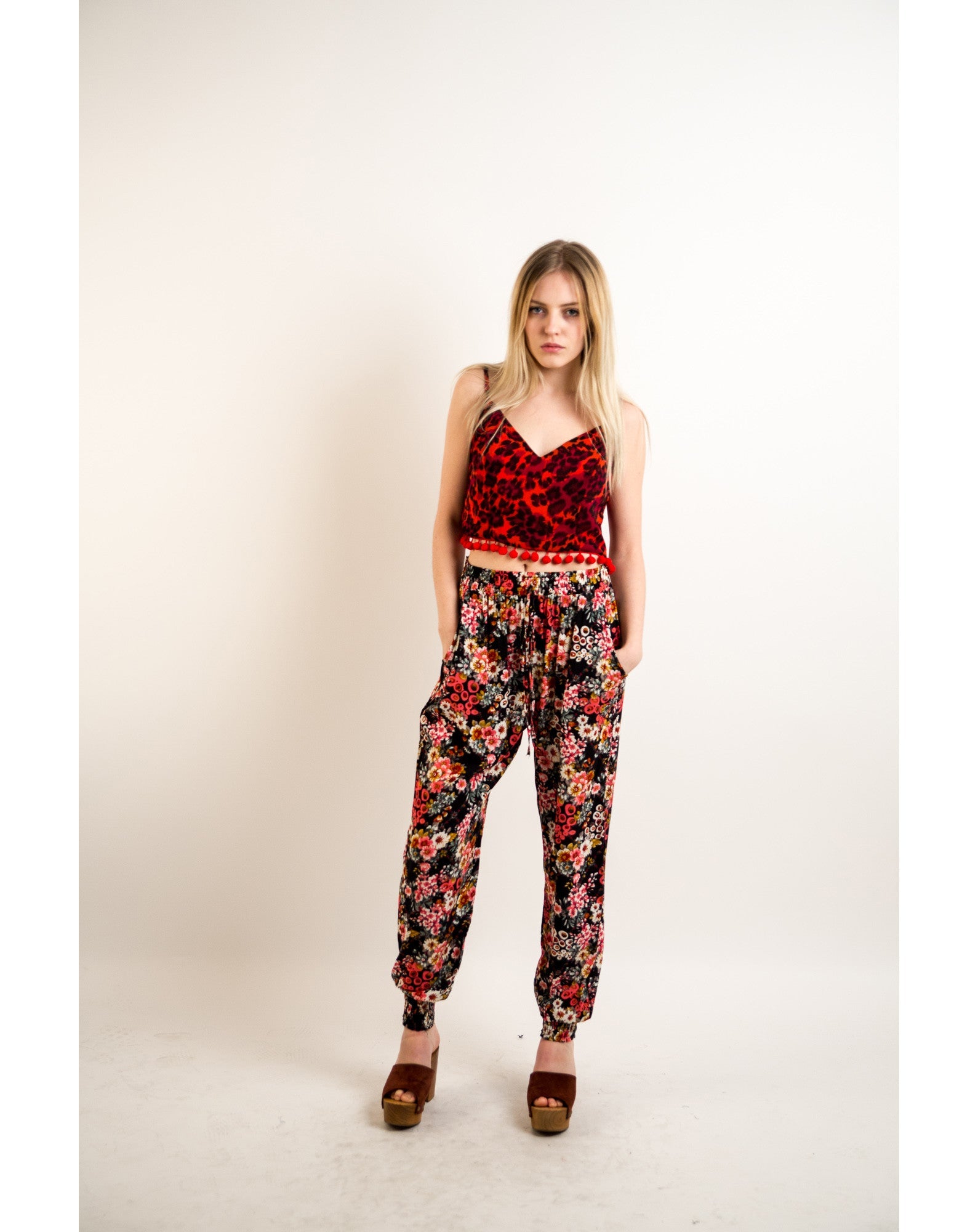 Olivia Row™ | Floral print elasticated waist Cotton Trousers (BLACK)