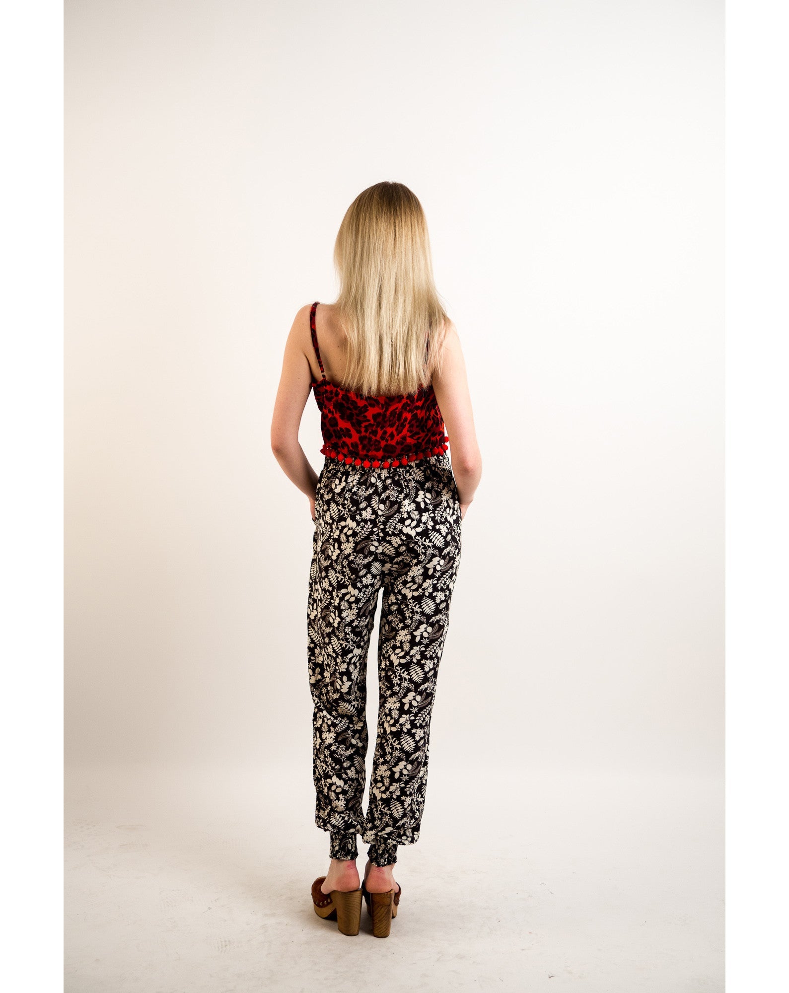 Olivia Row™ | Leaves print elasticated waist Cotton Trousers (BLACK)