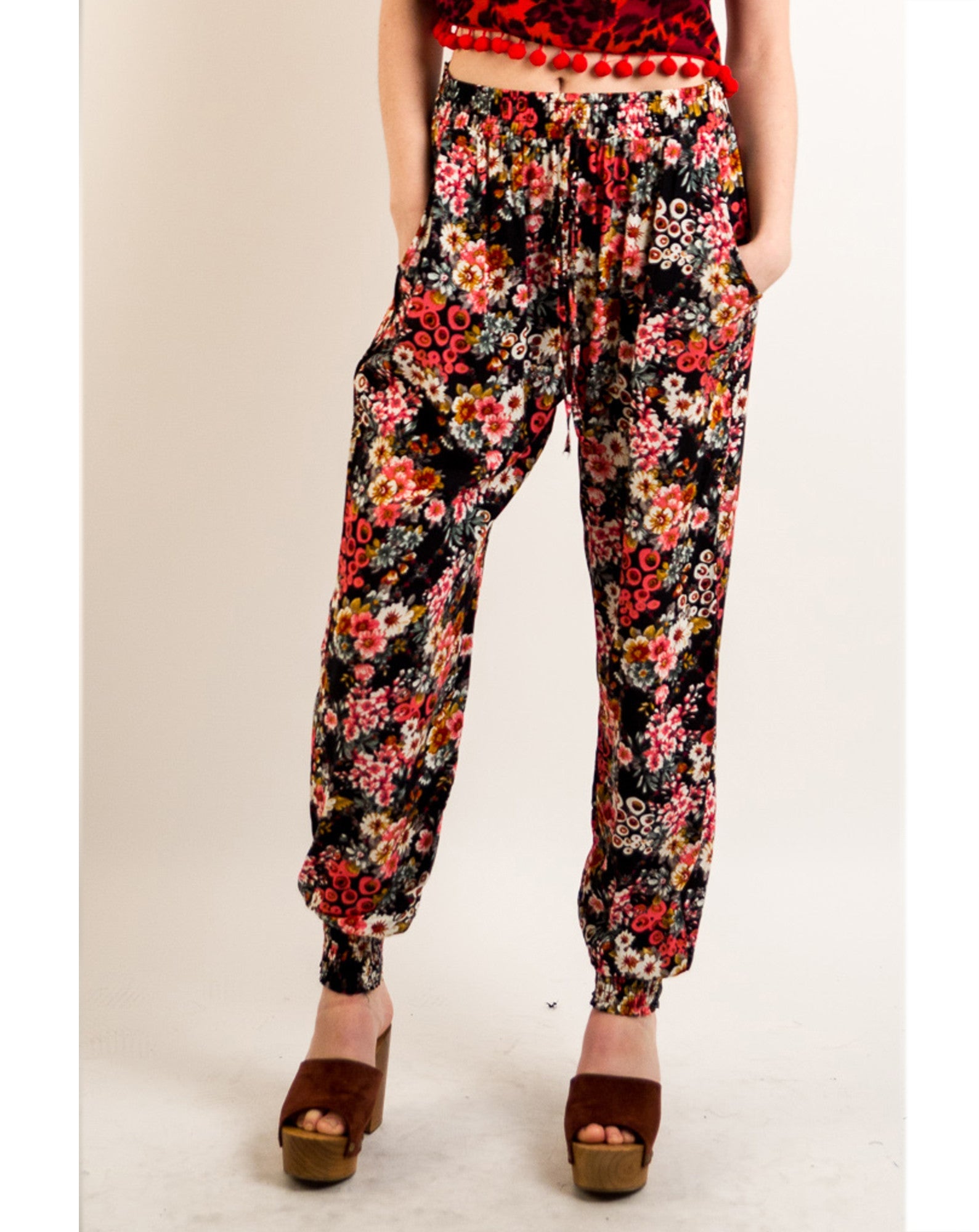 Olivia Row™ | Floral print elasticated waist Cotton Trousers (BLACK)