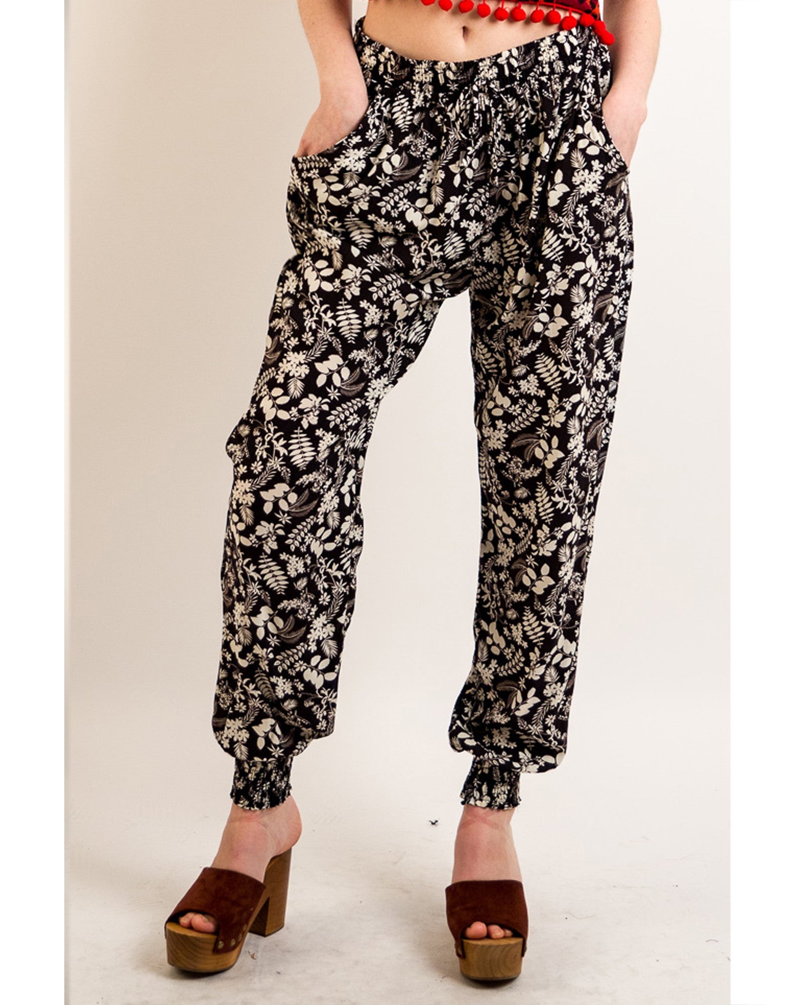 Olivia Row™ | Leaves print elasticated waist Cotton Trousers (BLACK)