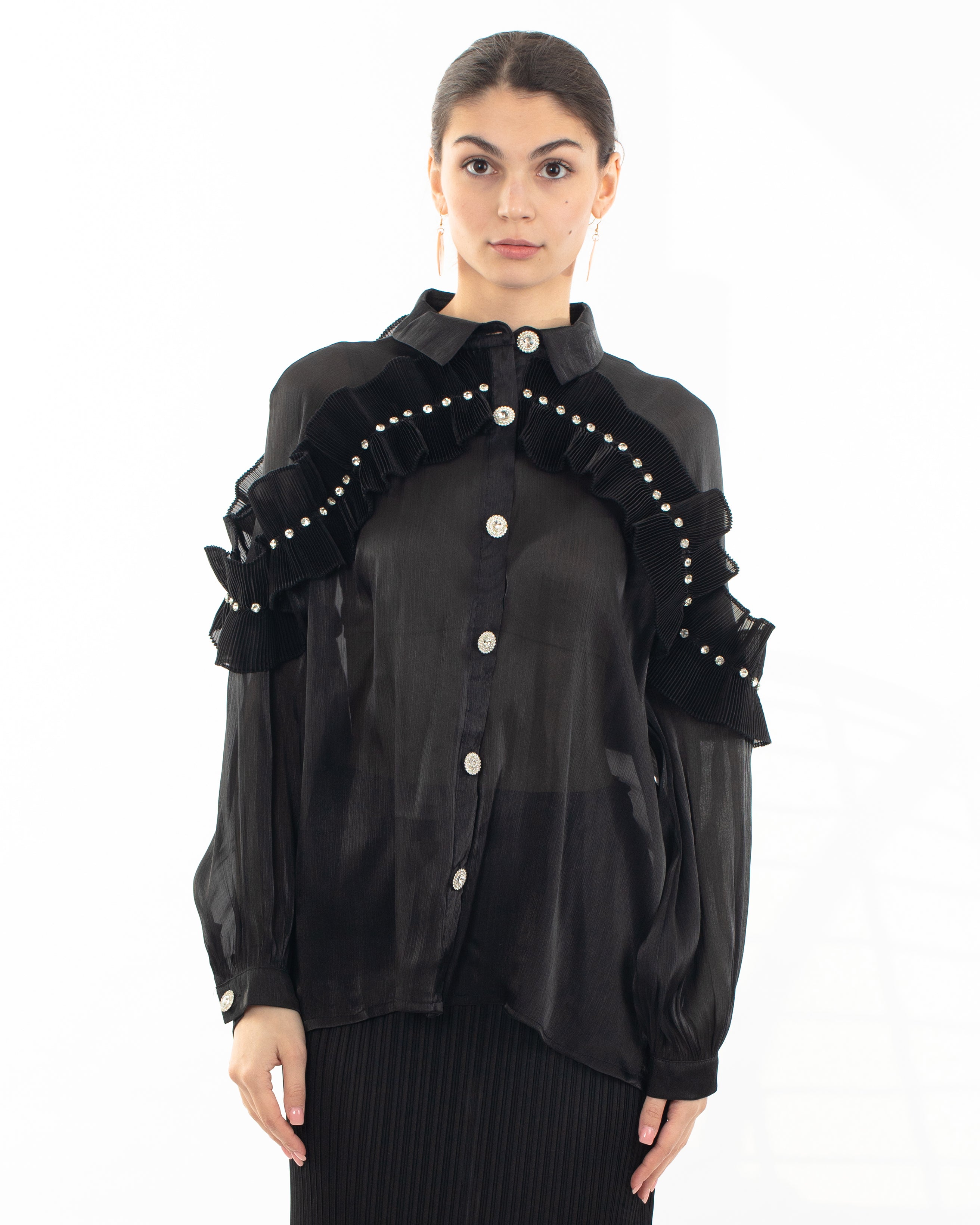 Olivia Row™ | Pleated ruffles with multi dimoned stone embellished sleeves design organza shirt in black