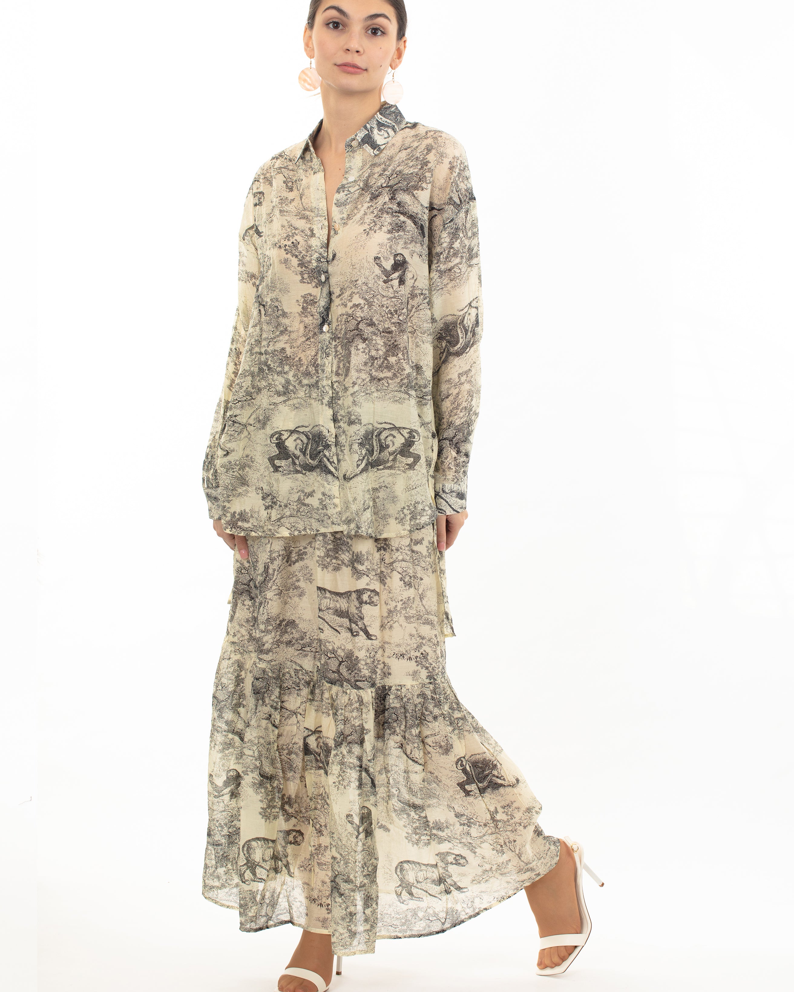 Olivia Row™ | Animal and Forest Scarf print Shirt and Midi Skirt Co-ords in Black