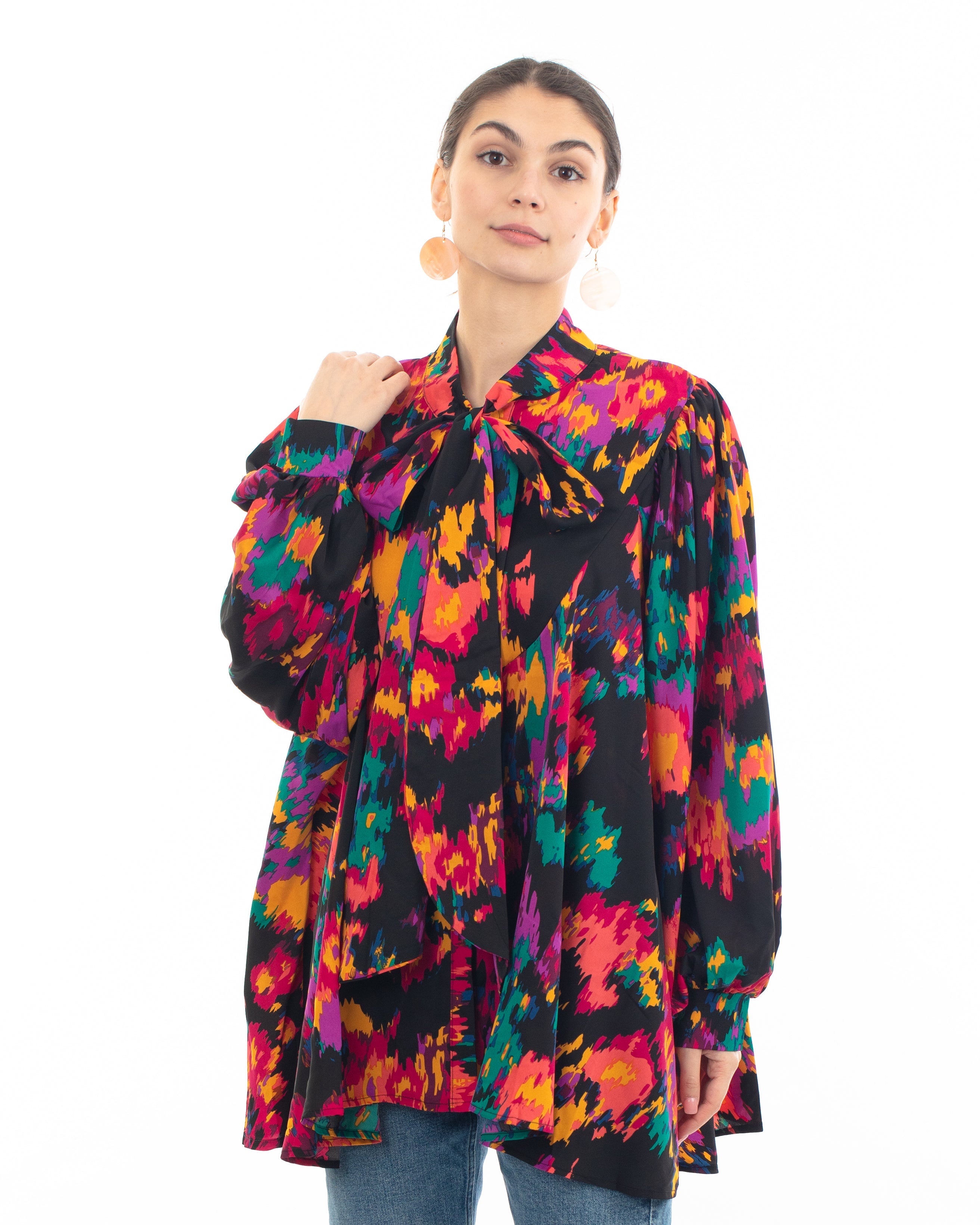 Olivia Row™ | Wild Bloom multi color print oversized shirt with tie up bow design in black