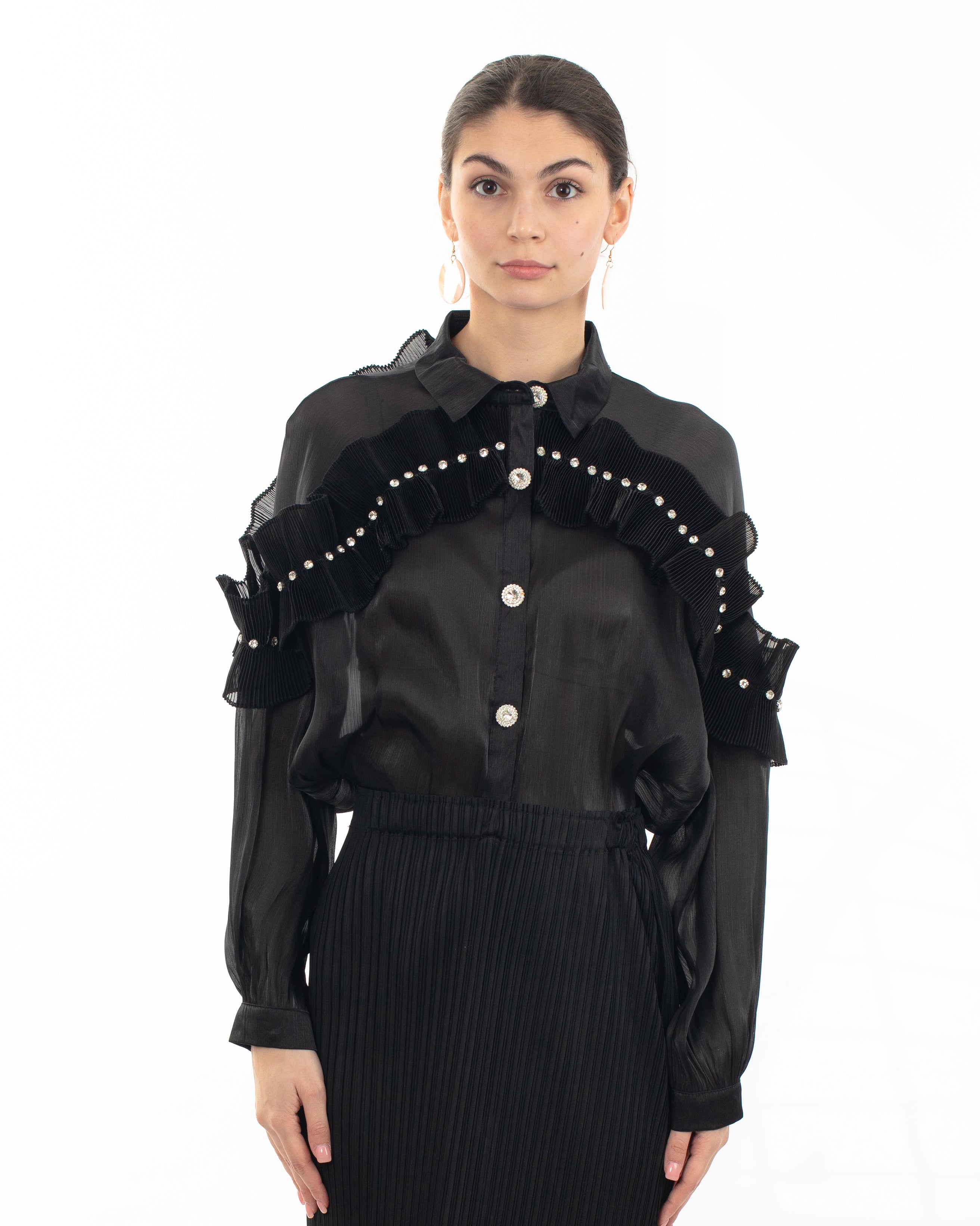 Olivia Row™ | Pleated ruffles with multi dimoned stone embellished sleeves design organza shirt in black