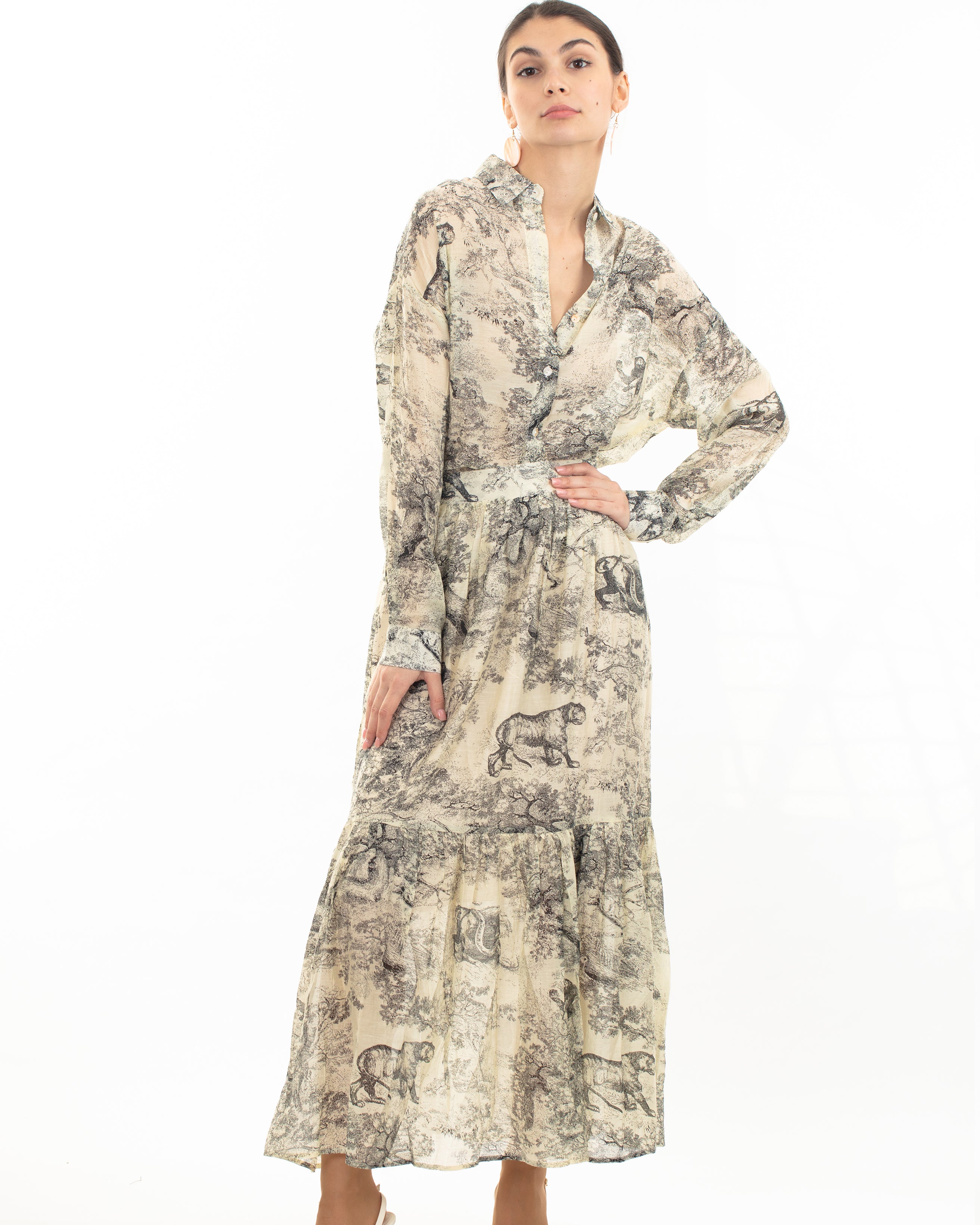 Olivia Row™ | Animal and Forest Scarf print Shirt and Midi Skirt Co-ords in Black