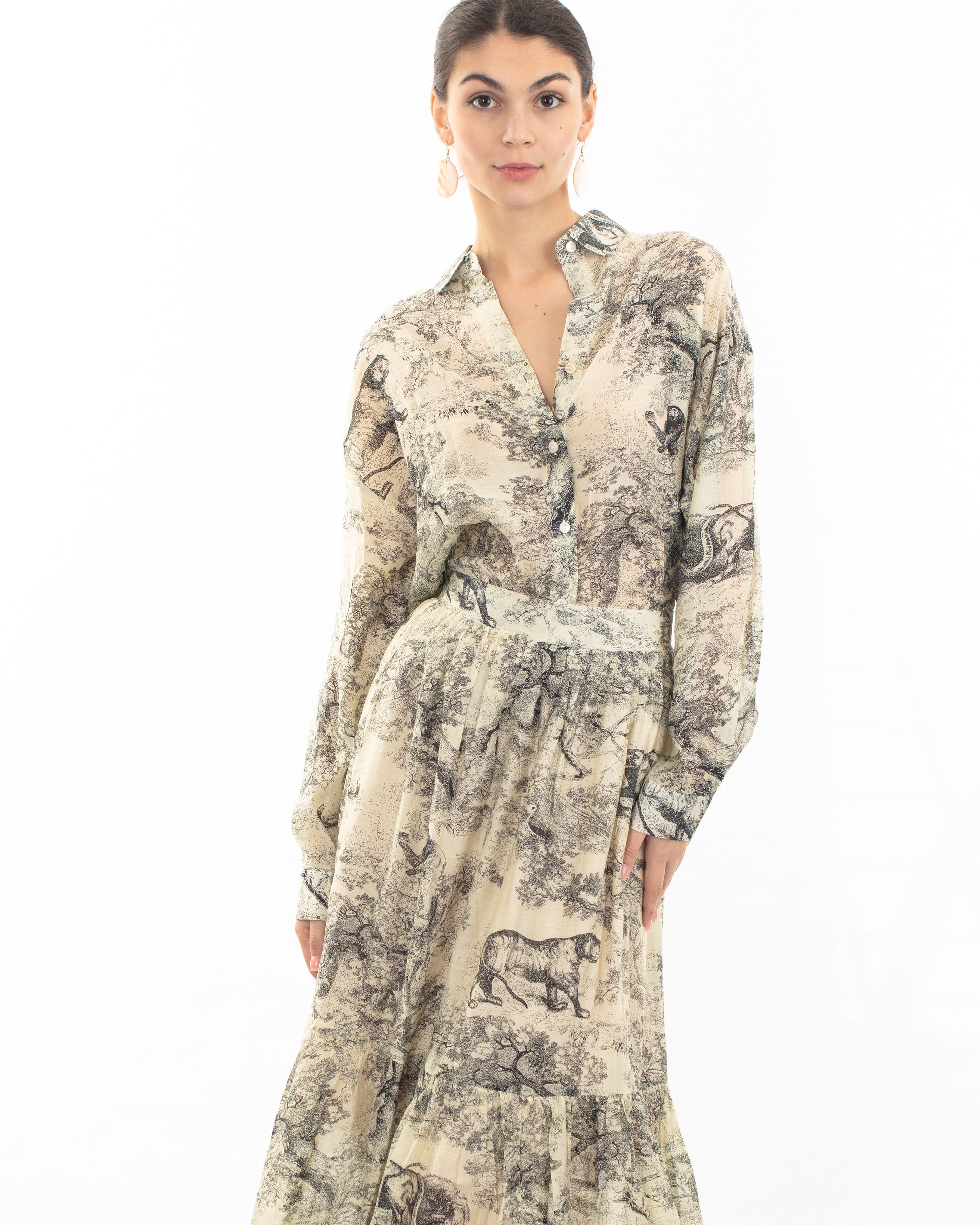 Olivia Row™ | Animal and Forest Scarf print Shirt and Midi Skirt Co-ords in Black
