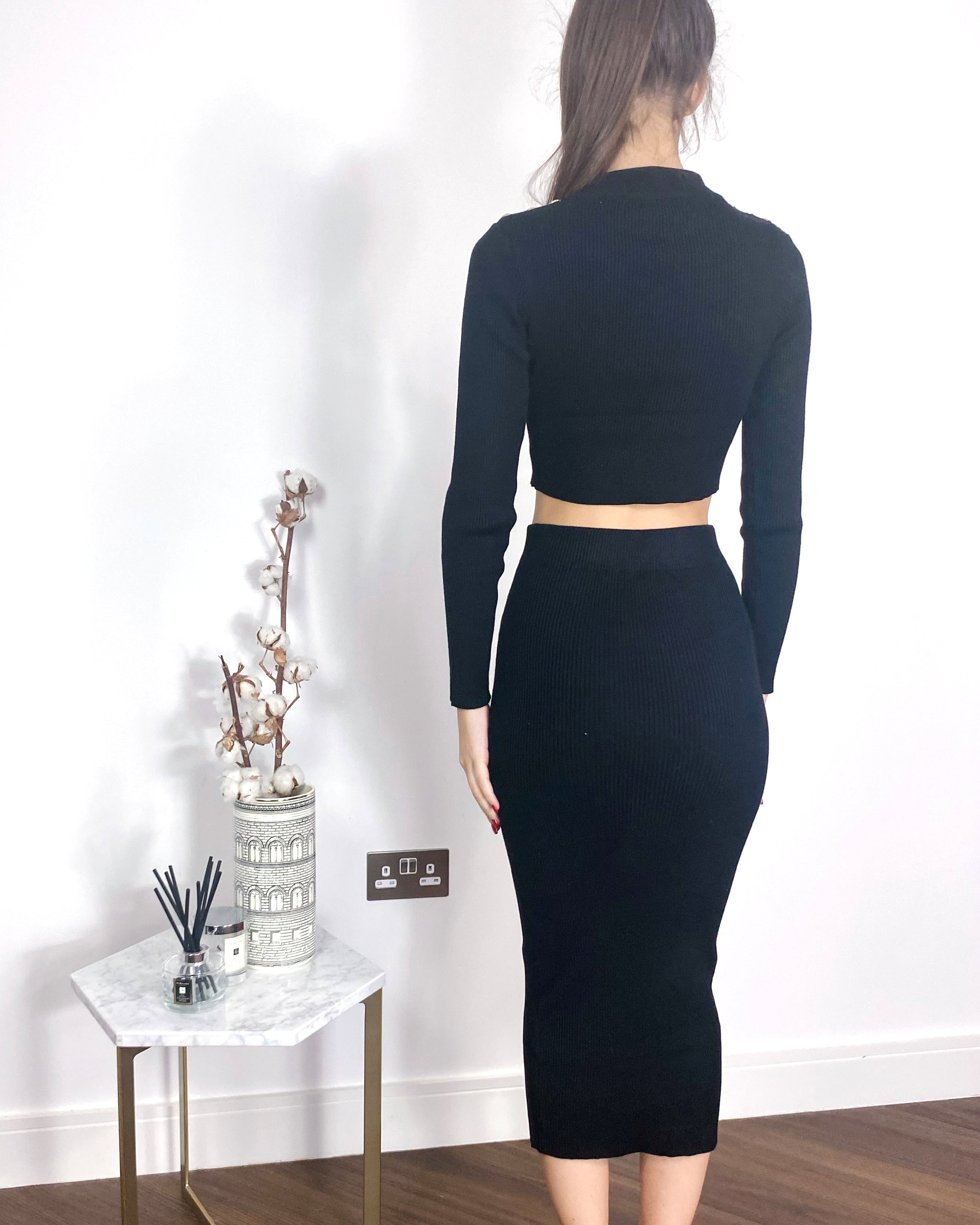Olivia Row™ | Long sleeves top with buttons design and midi skirt co-ords suits in black